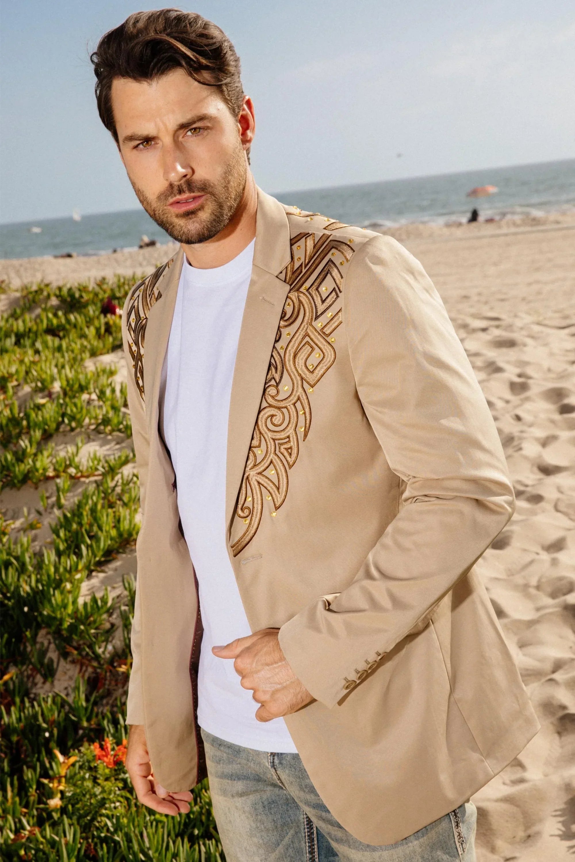 PLATINI BROW EMBROIDERY FASHION KHAKI BLAZER - EBZ10135 ROPA HOMBRES