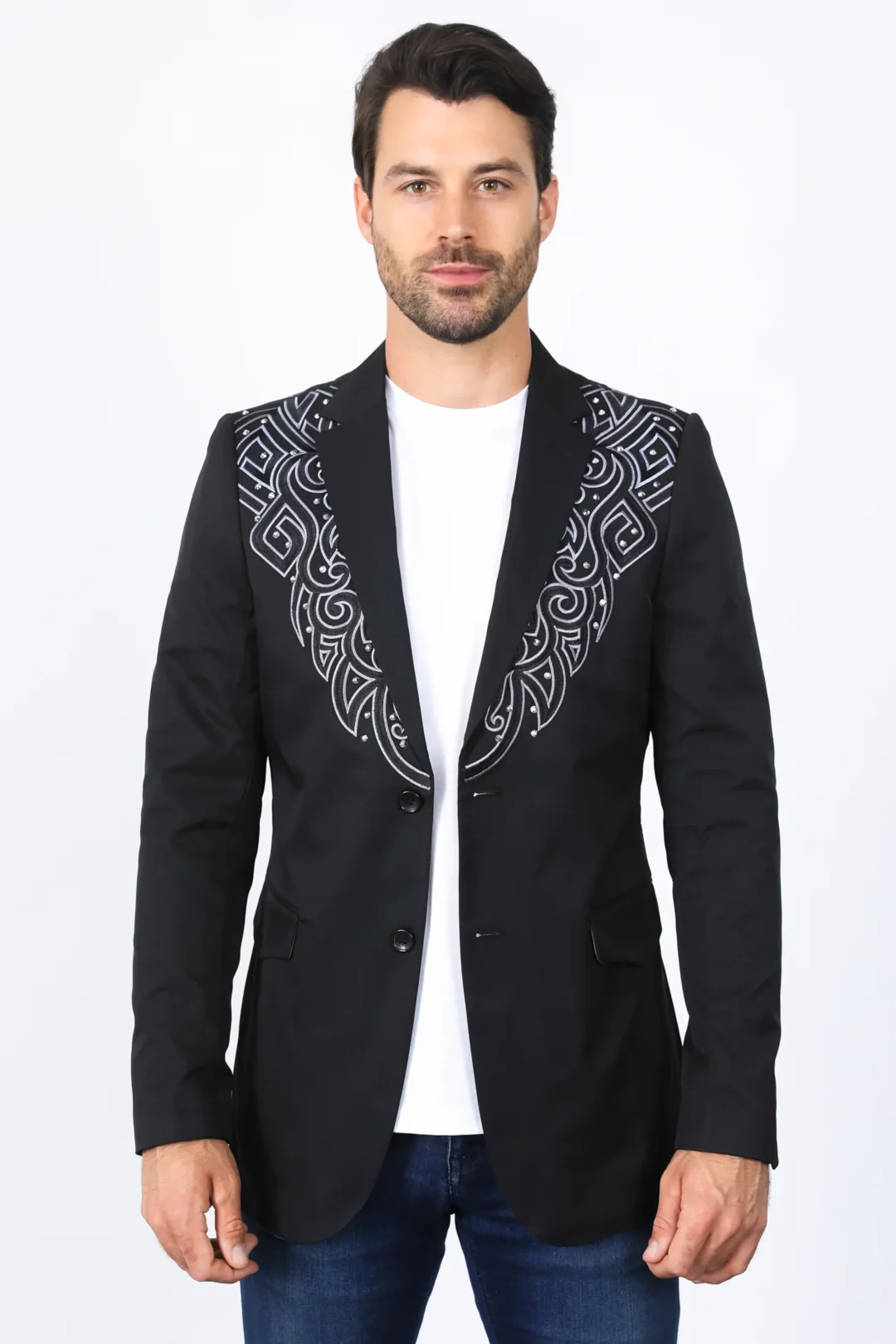 PLATINI MENS EMBROIDERY FASHION BLAZER BLACK - EBZ10134 ROPA HOMBRES