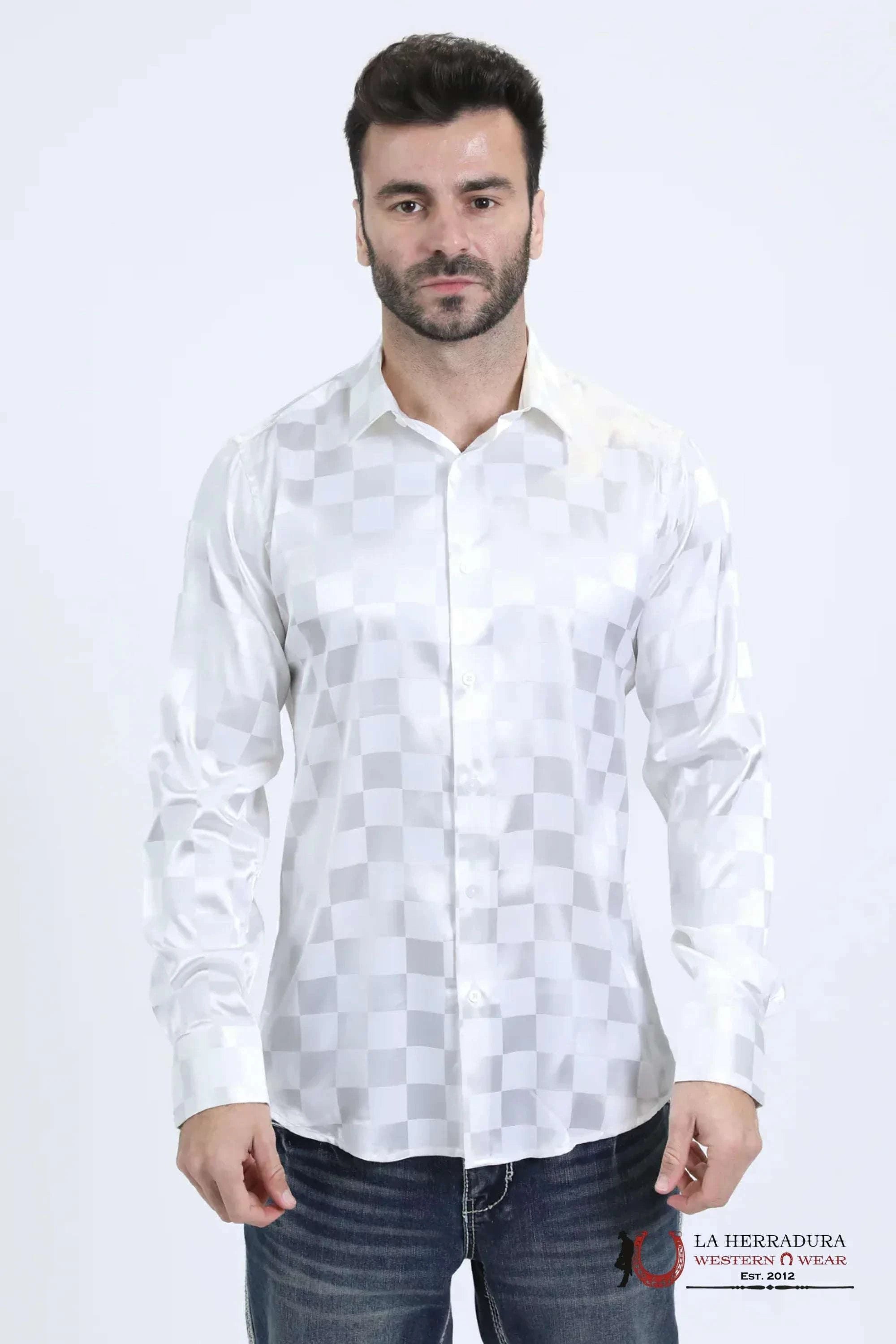 Platini Mens Jacquard Fabric Print Modern Fit Long Sleeve White Shirt - 10720 ROPA HOMBRES