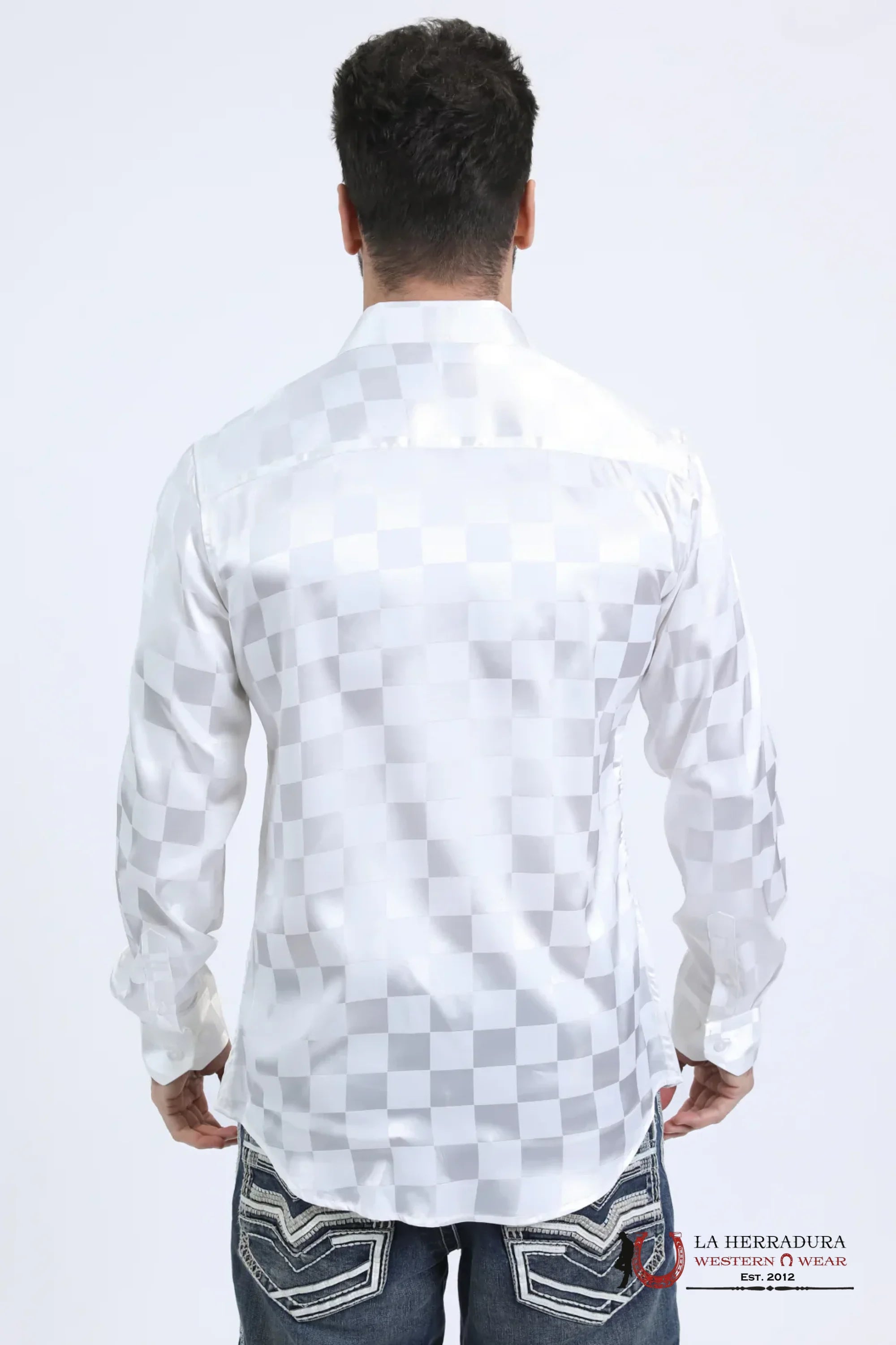 Platini Mens Jacquard Fabric Print Modern Fit Long Sleeve White Shirt - 10720 ROPA HOMBRES