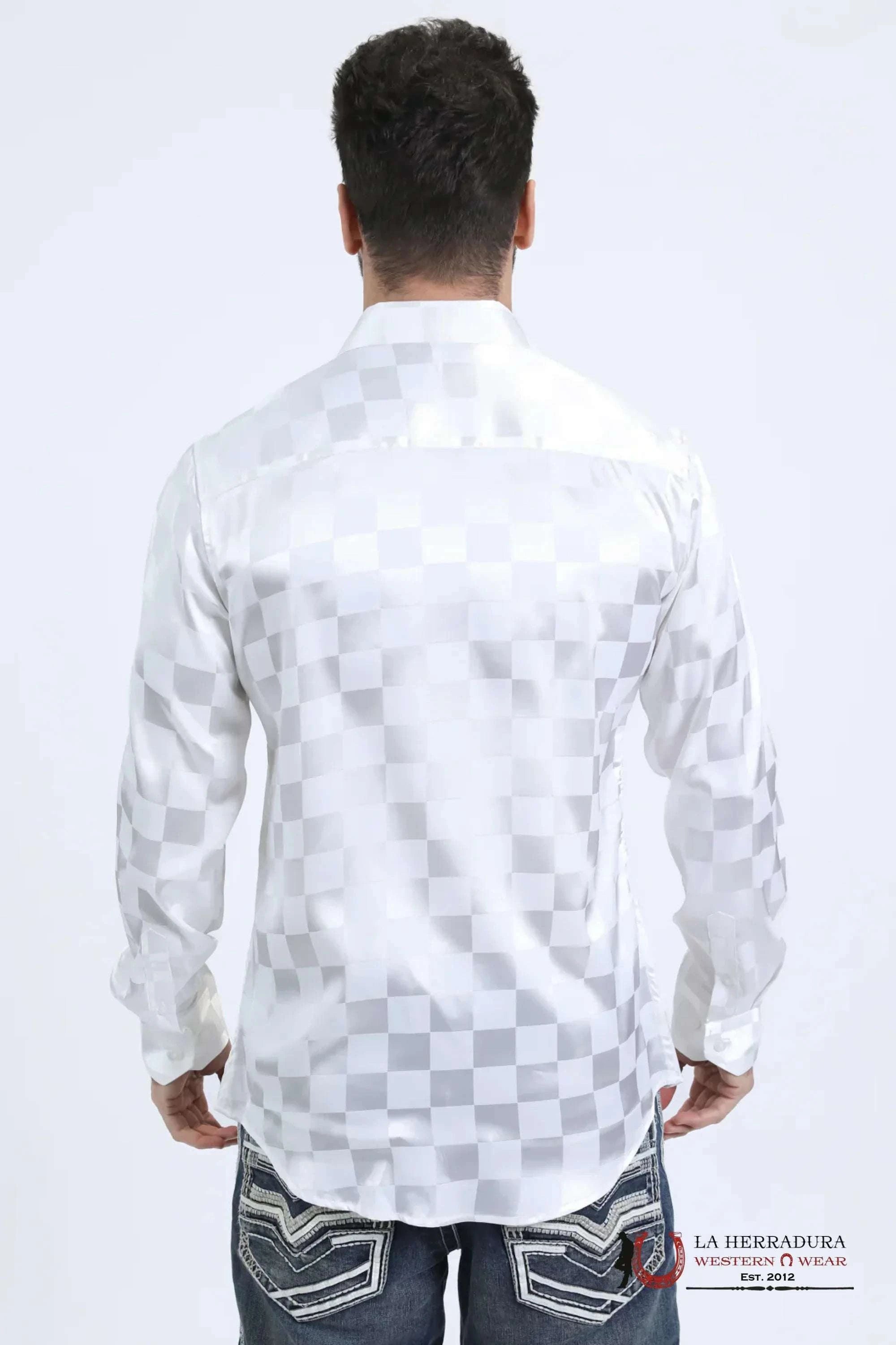 Platini Mens Jacquard Fabric Print Modern Fit Long Sleeve White Shirt - 10720 ROPA HOMBRES