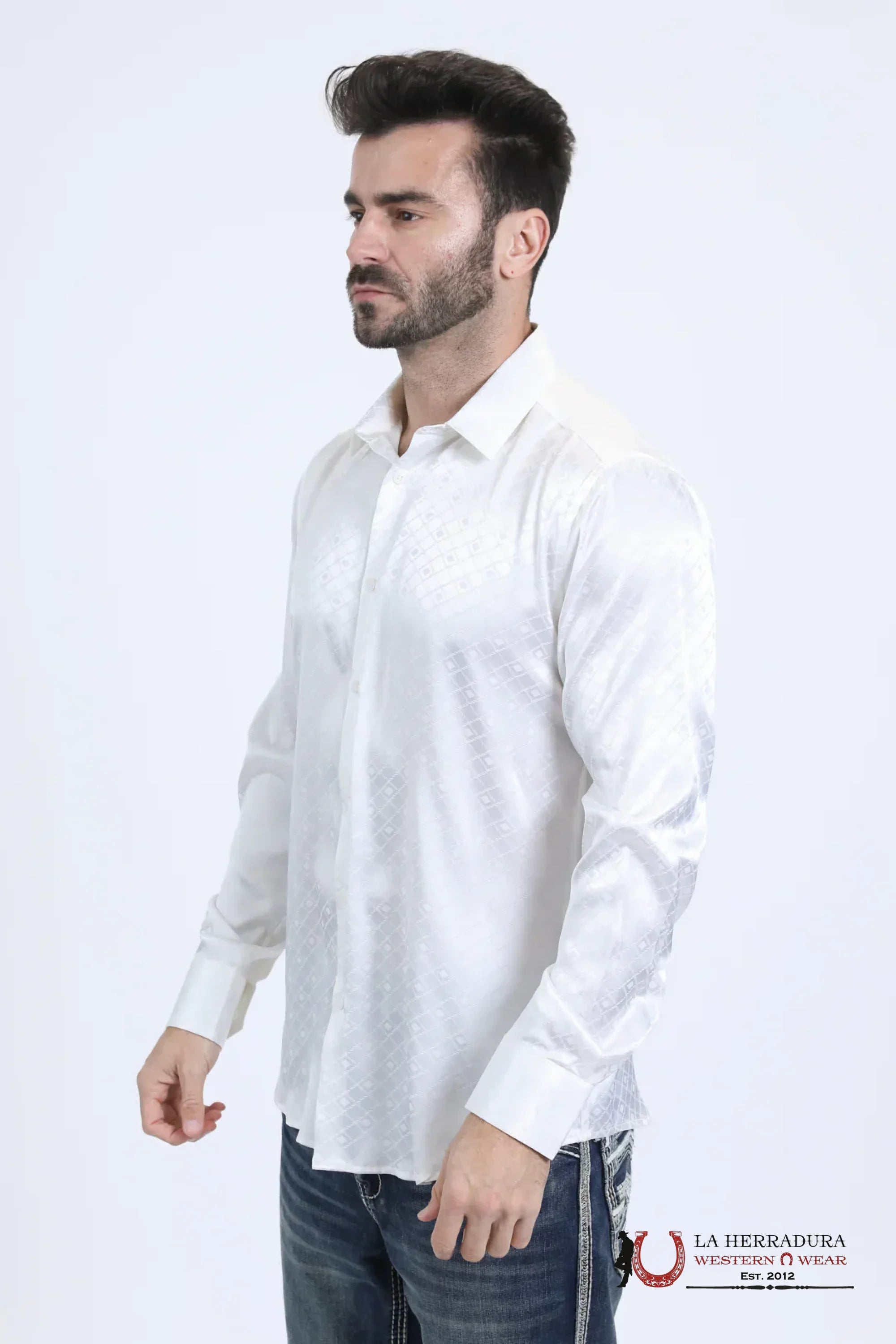 Platini Mens Jacquard Fabric Print Modern Fit Long Sleeve White Shirt - 10722 ROPA HOMBRES