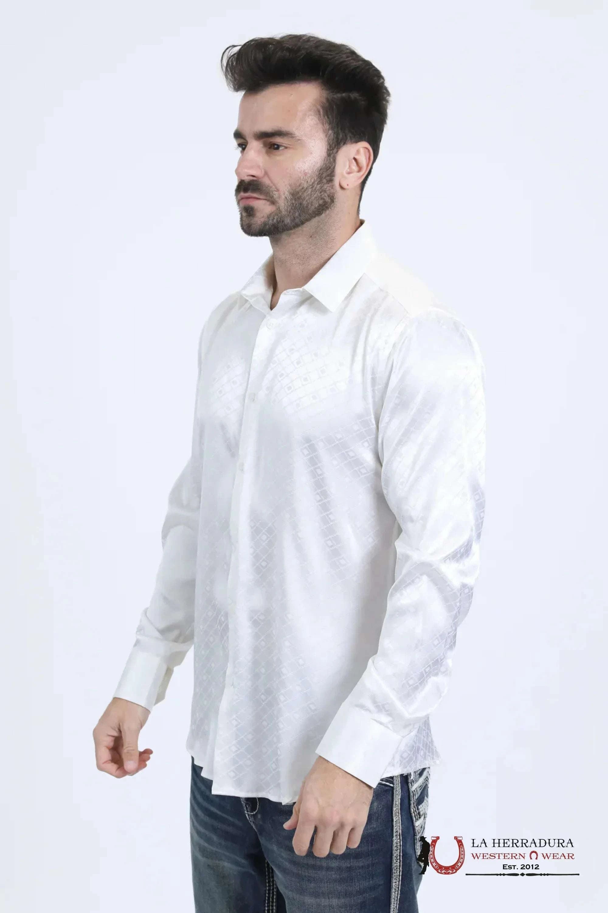 Platini Mens Jacquard Fabric Print Modern Fit Long Sleeve White Shirt - 10722 ROPA HOMBRES