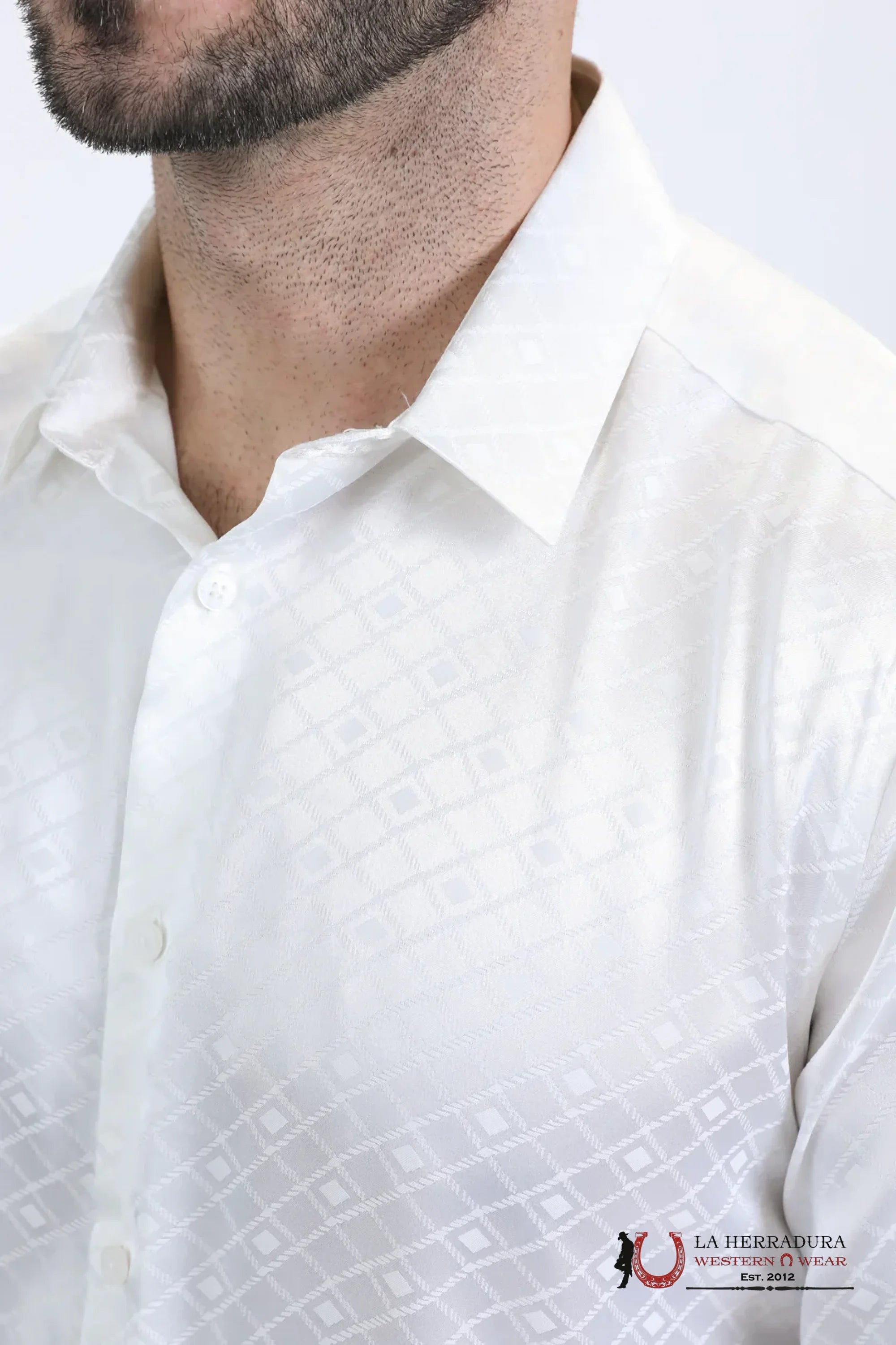 Platini Mens Jacquard Fabric Print Modern Fit Long Sleeve White Shirt - 10722 ROPA HOMBRES