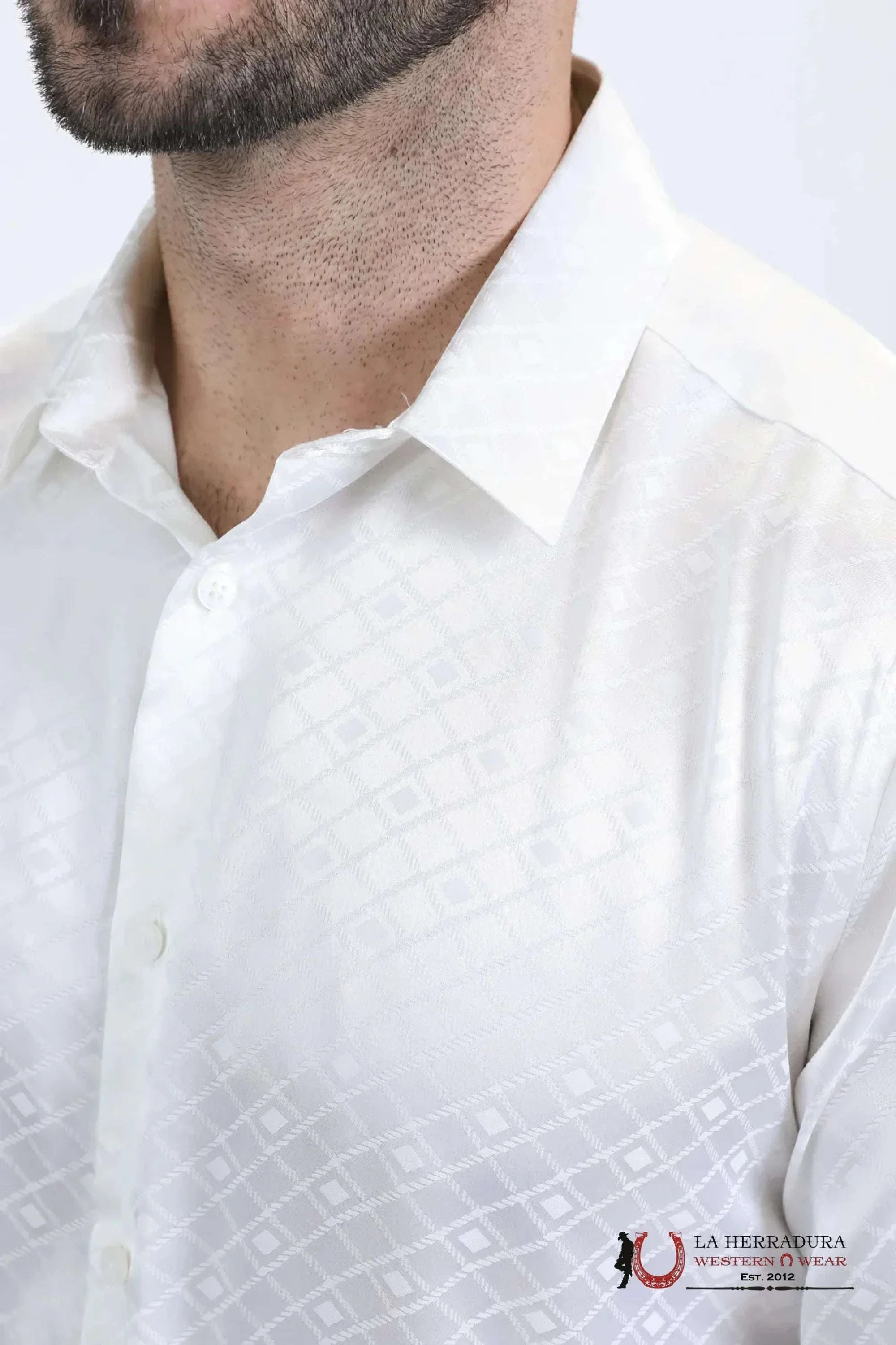 Platini Mens Jacquard Fabric Print Modern Fit Long Sleeve White Shirt - 10722 ROPA HOMBRES