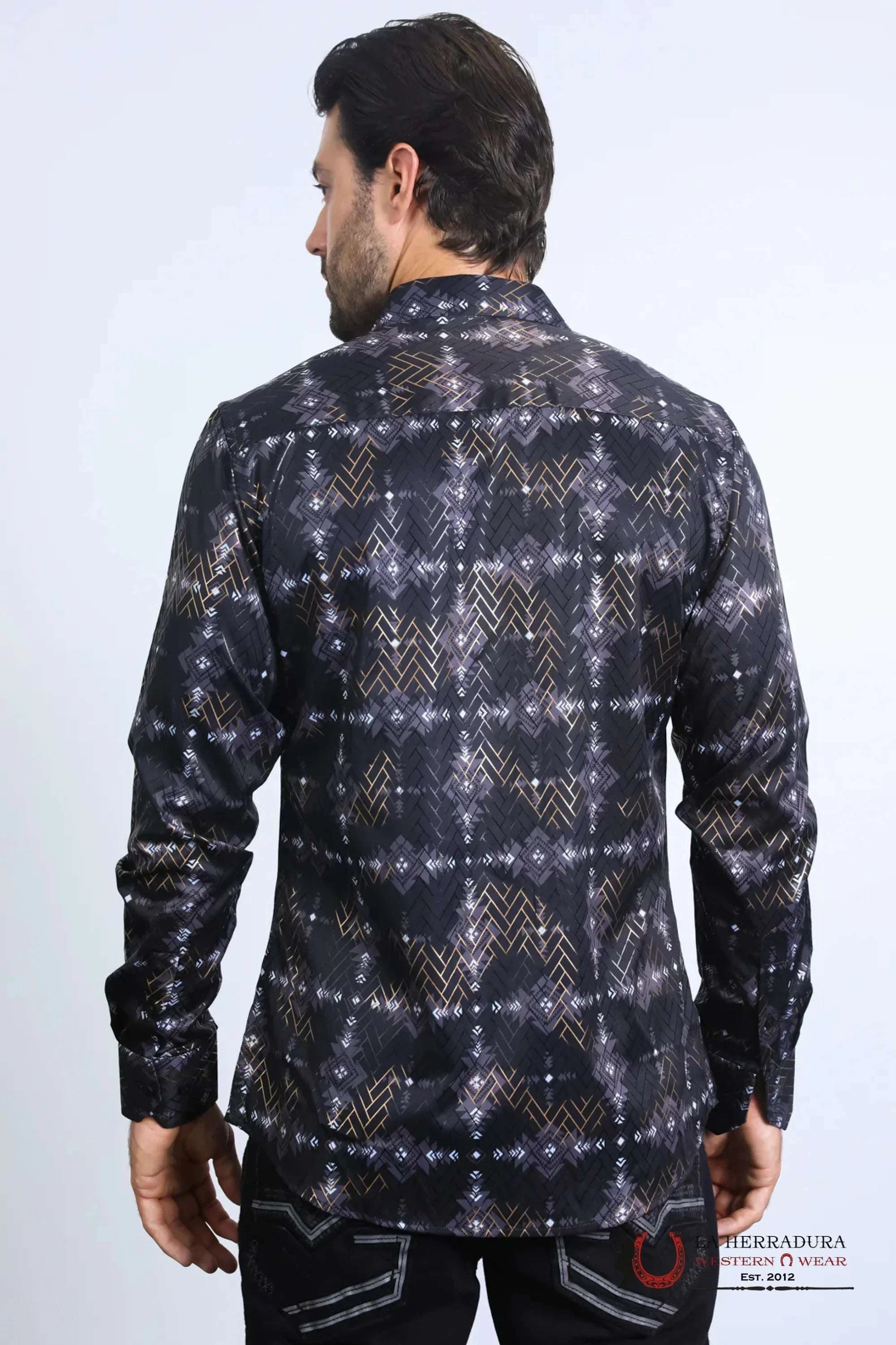 Platini Mens Long Sleeve Modern Fit Stretch Foil Fashion Black Shirt - 10569 ROPA HOMBRES
