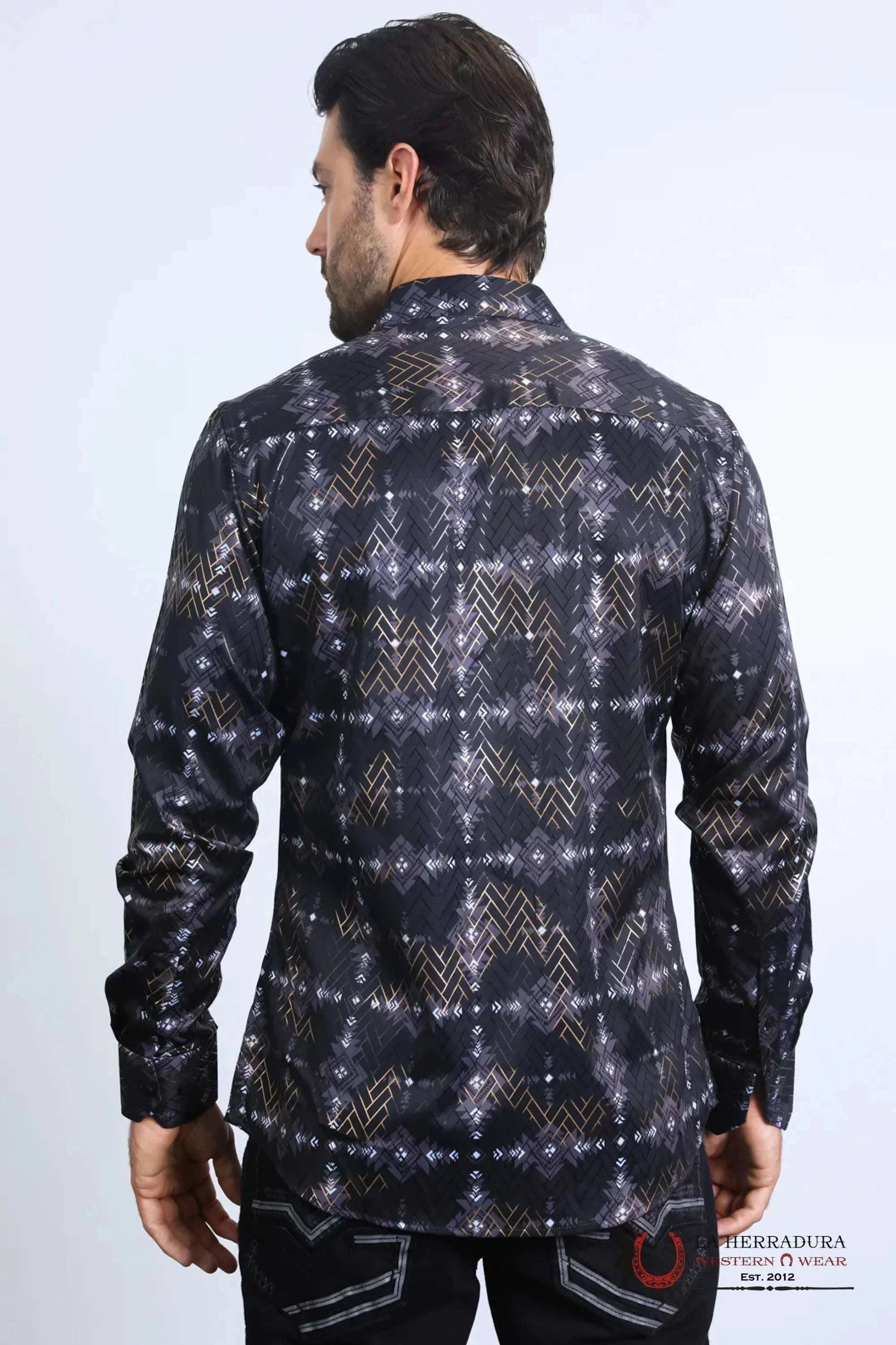 Platini Mens Long Sleeve Modern Fit Stretch Foil Fashion Black Shirt - 10569 ROPA HOMBRES