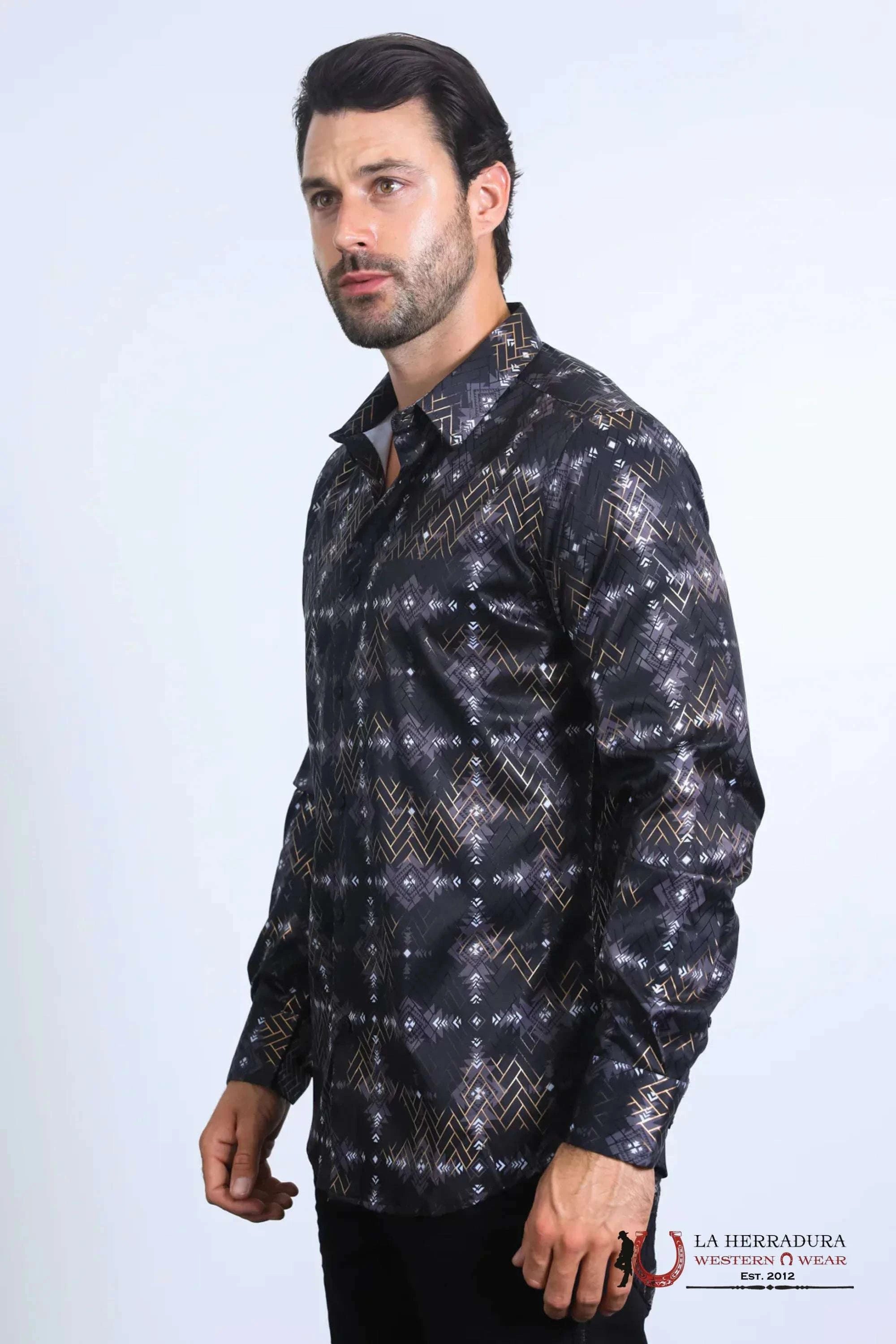 Platini Mens Long Sleeve Modern Fit Stretch Foil Fashion Black Shirt - 10569 ROPA HOMBRES