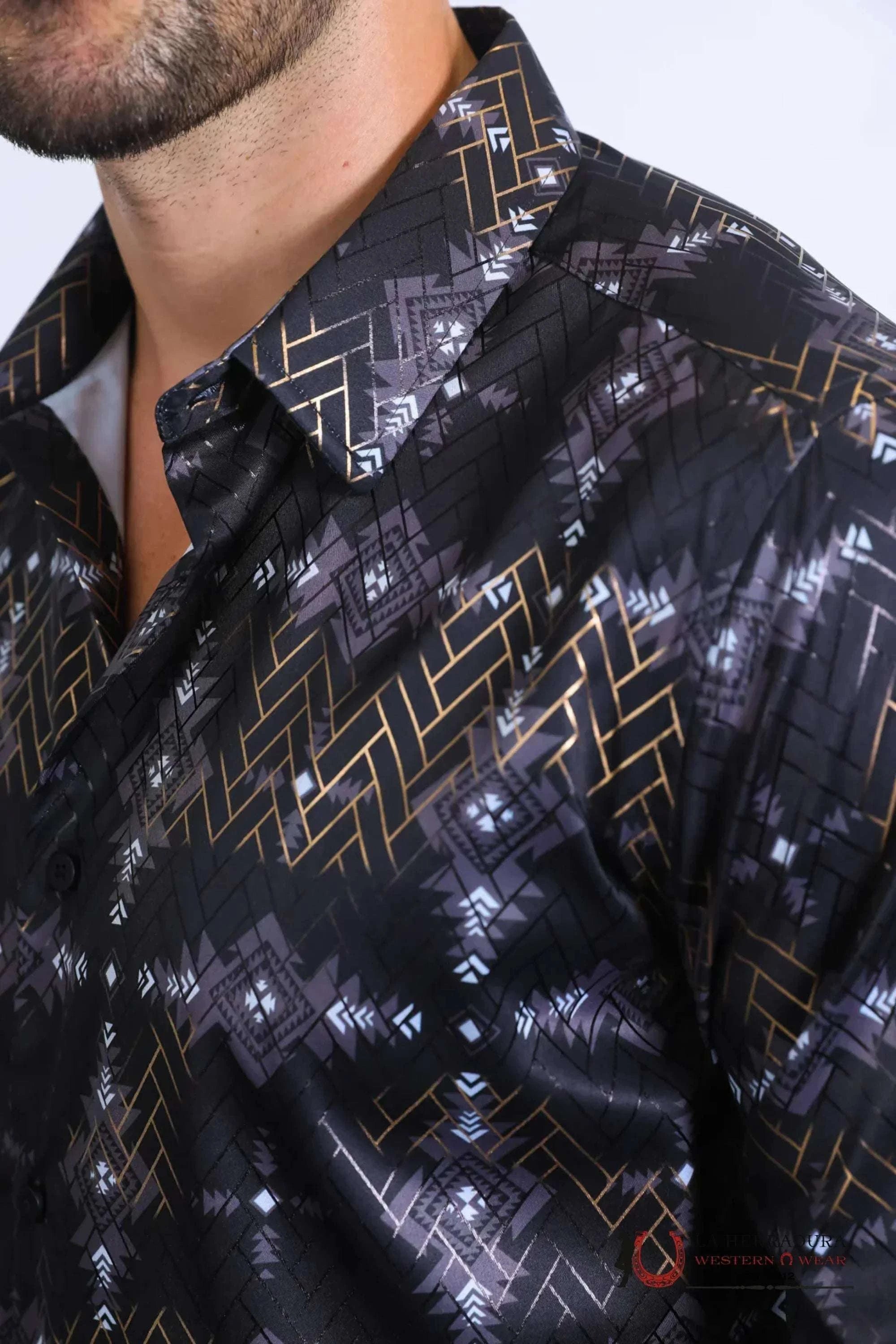 Platini Mens Long Sleeve Modern Fit Stretch Foil Fashion Black Shirt - 10569 ROPA HOMBRES