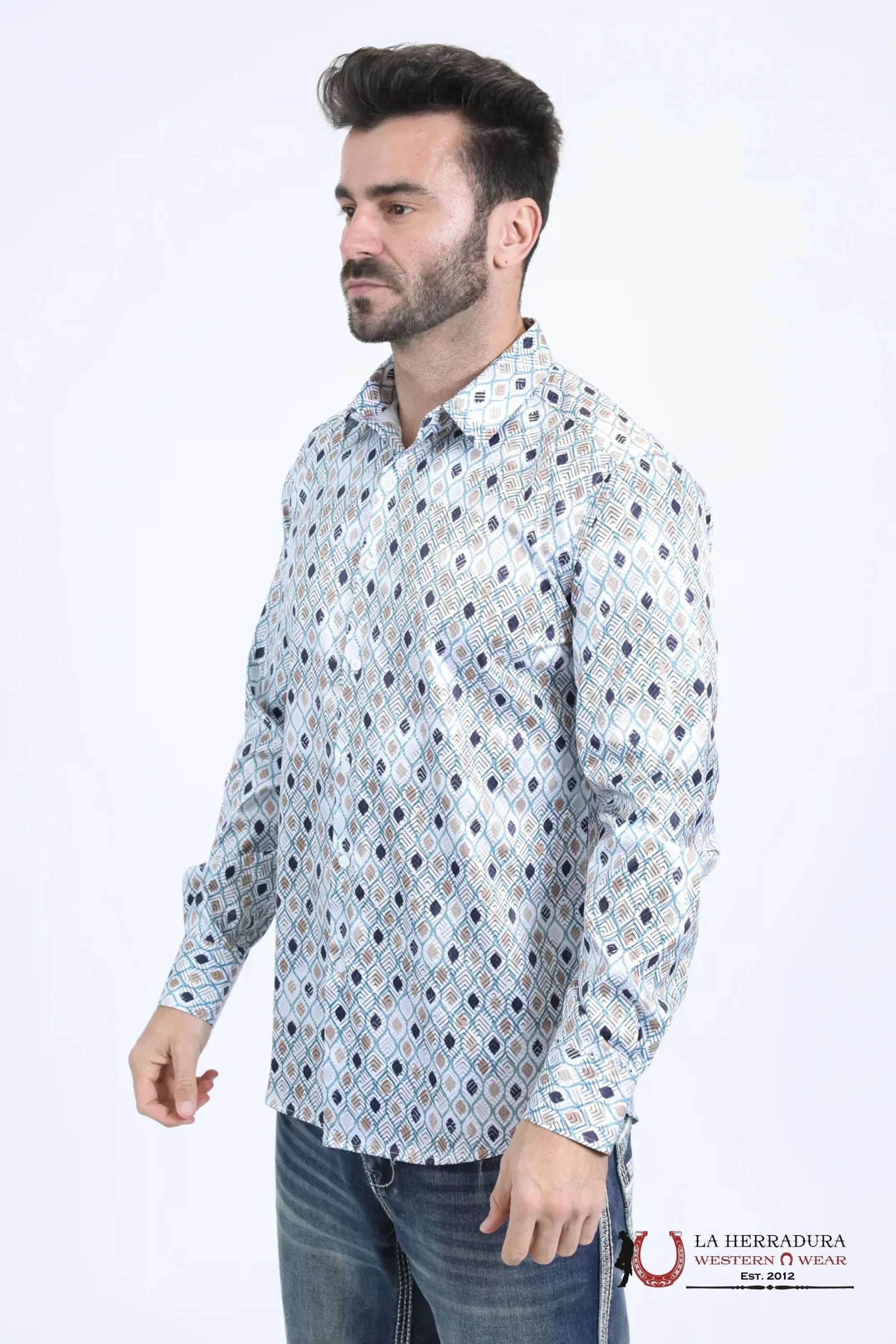 Platini Mens Long Sleeve Modern Fit Stretch Foil Fashion White Shirt - 10730 ROPA HOMBRES