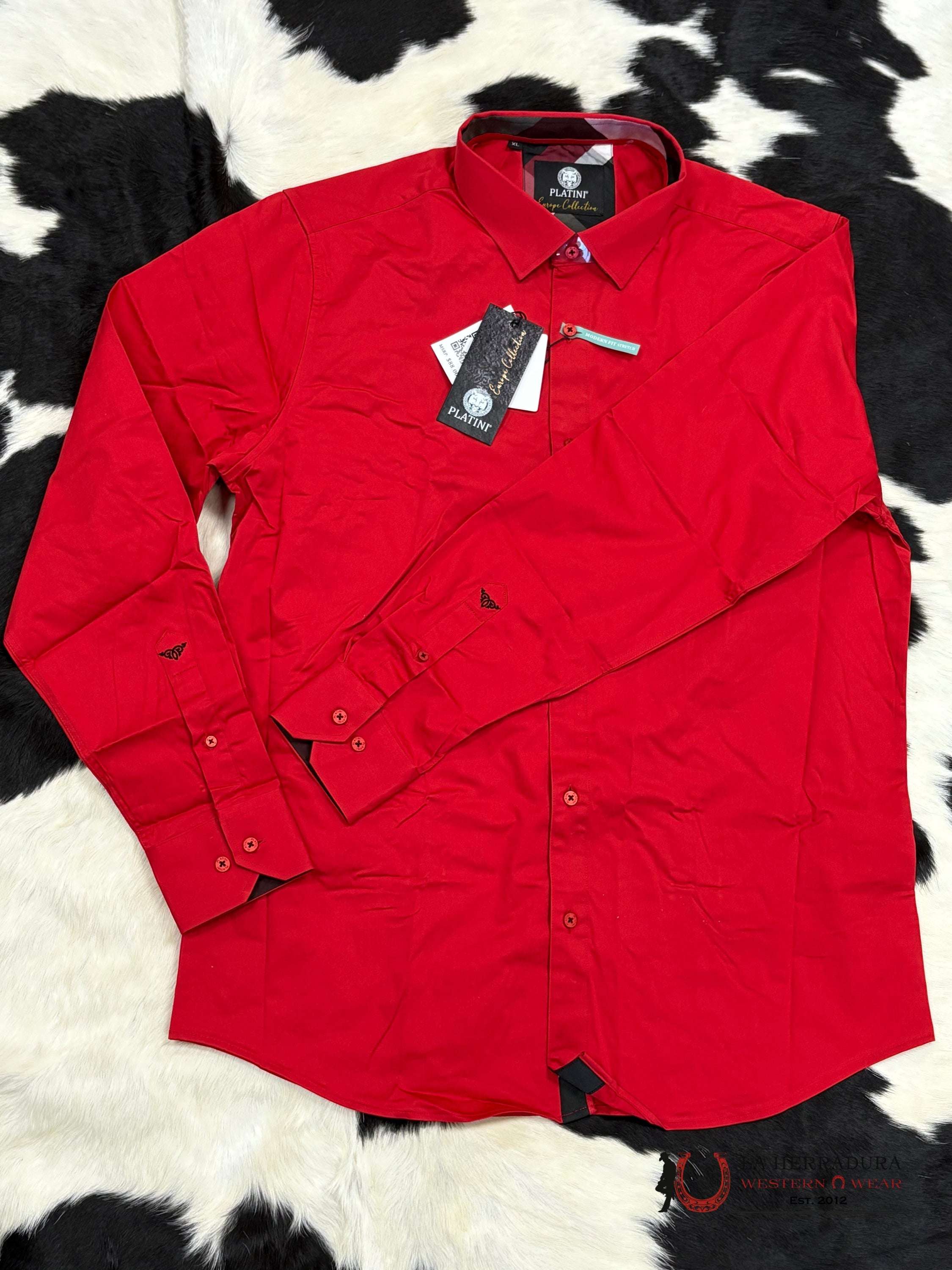 Platini Men’s Modern Fit Solid Red Dress Shirt - 0362 Ropa Hombres