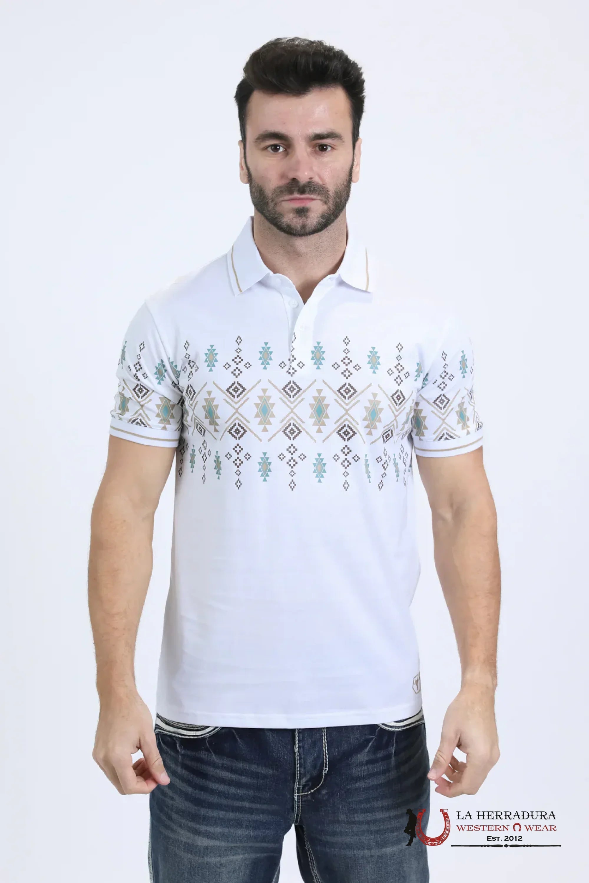 Platini Mens Modern Fit Stretch Cotton White Polo with Aztec Print - 10862 ROPA HOMBRES