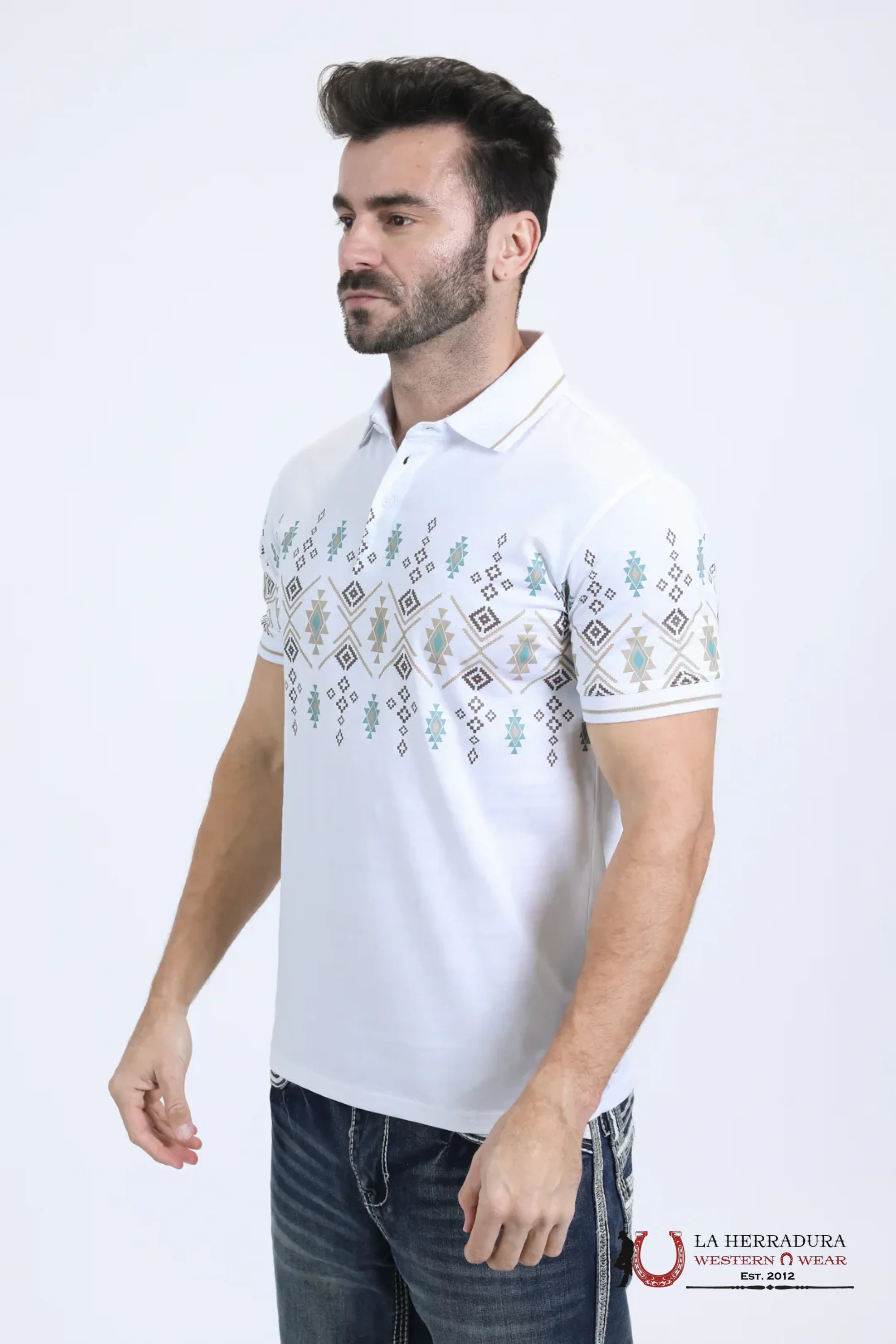 Platini Mens Modern Fit Stretch Cotton White Polo with Aztec Print - 10862 ROPA HOMBRES