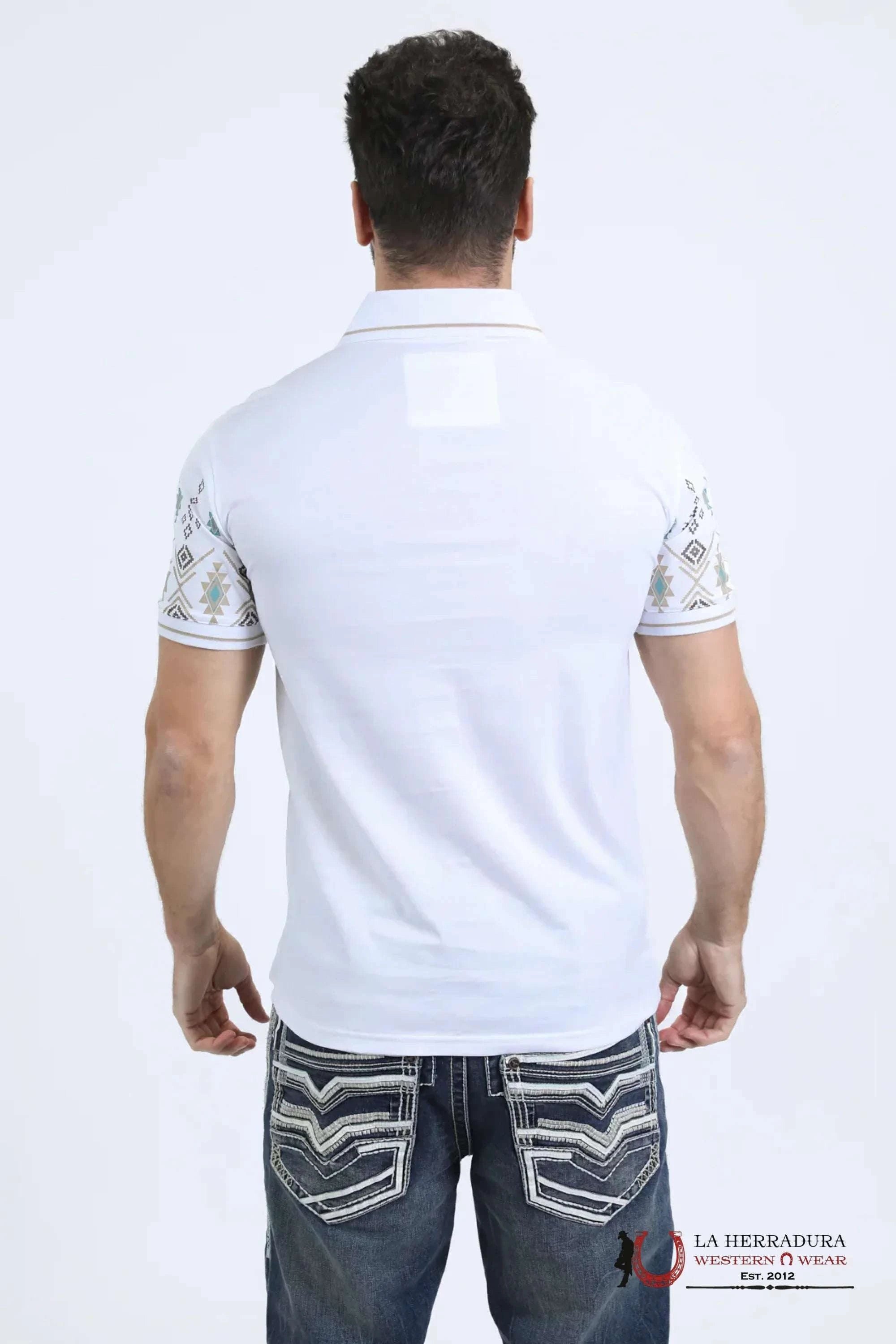 Platini Mens Modern Fit Stretch Cotton White Polo with Aztec Print - 10862 ROPA HOMBRES