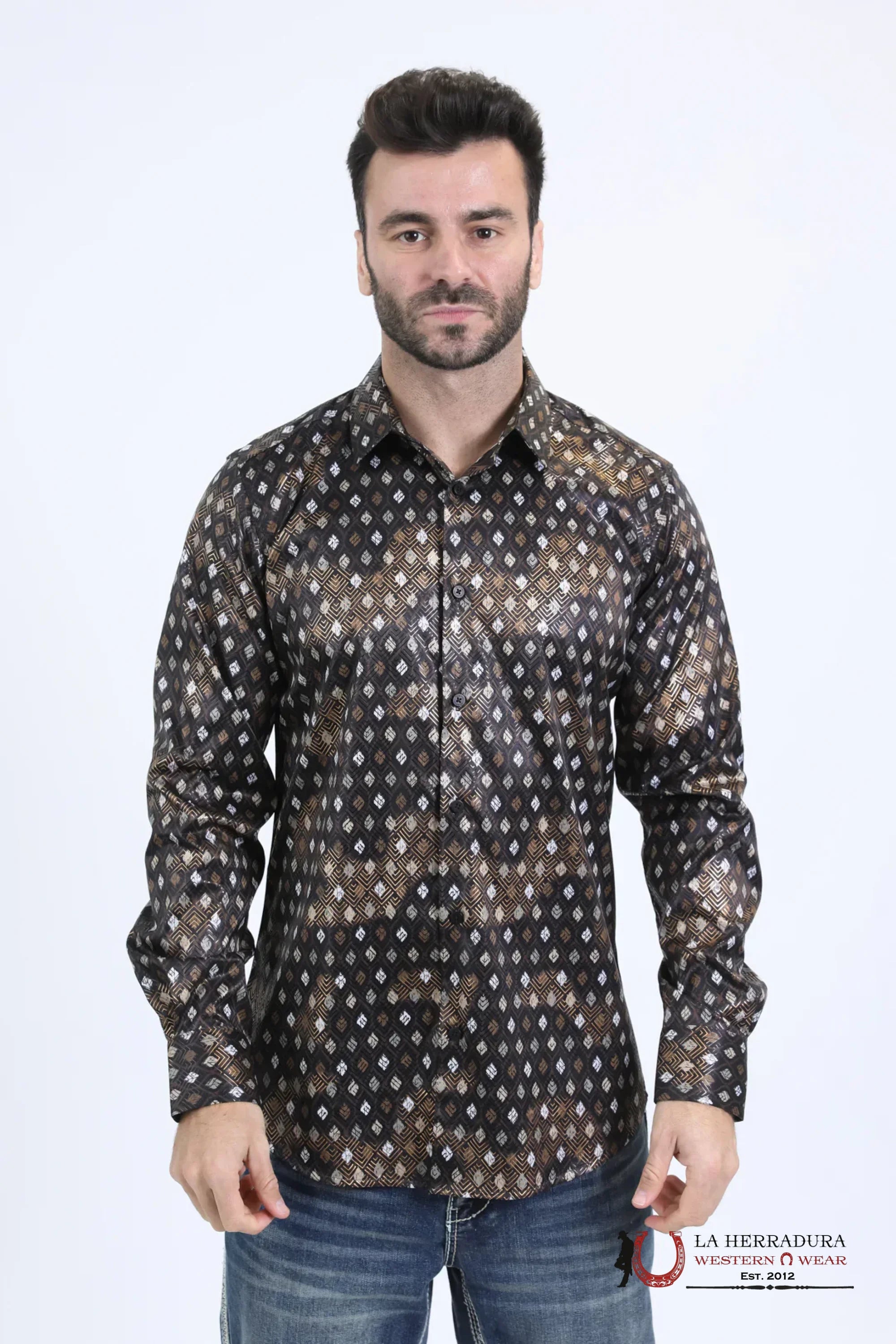 Platini Mens Modern Fit Stretch Foil Fashion Black Shirt - 10731 ROPA HOMBRES