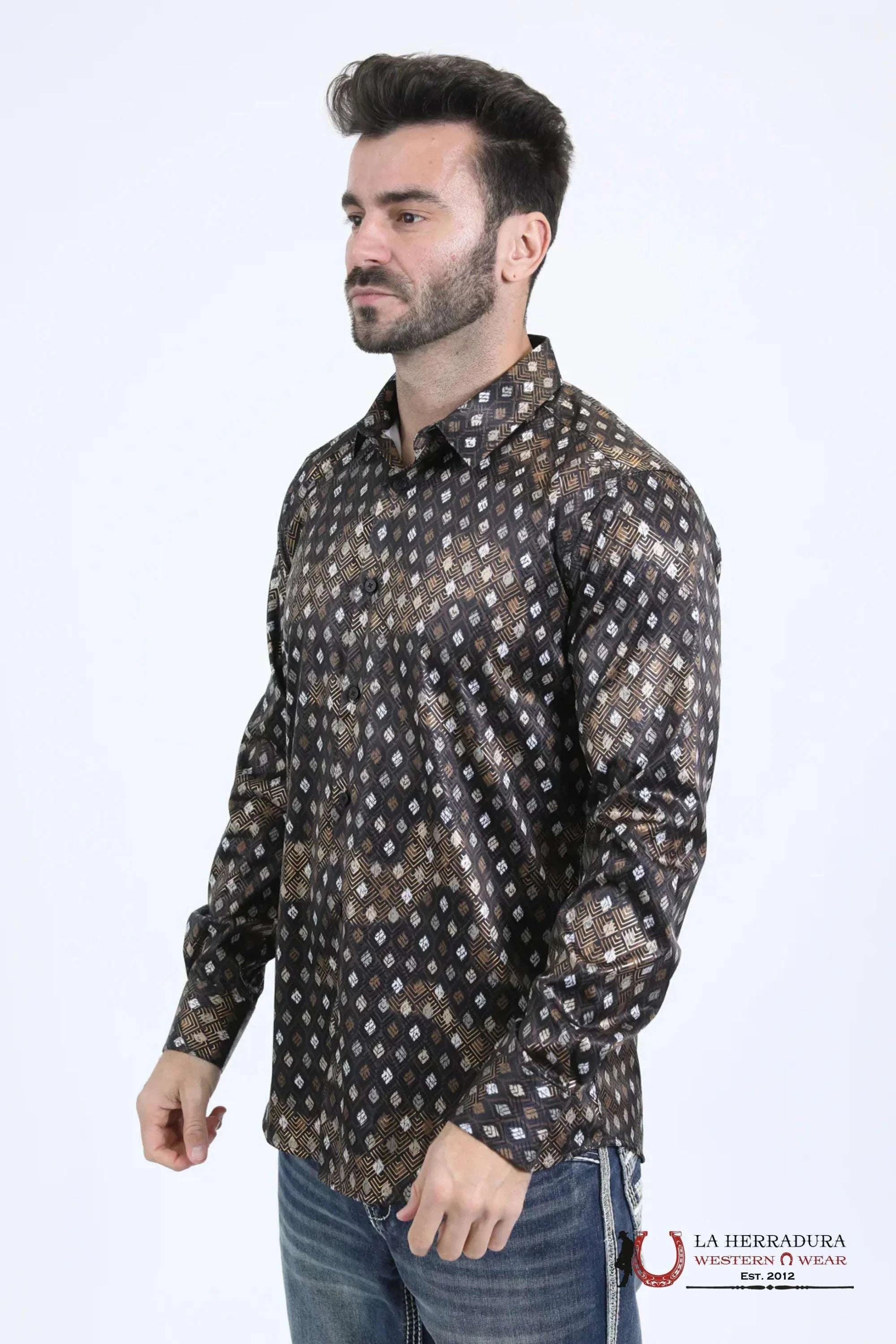 Platini Mens Modern Fit Stretch Foil Fashion Black Shirt - 10731 ROPA HOMBRES