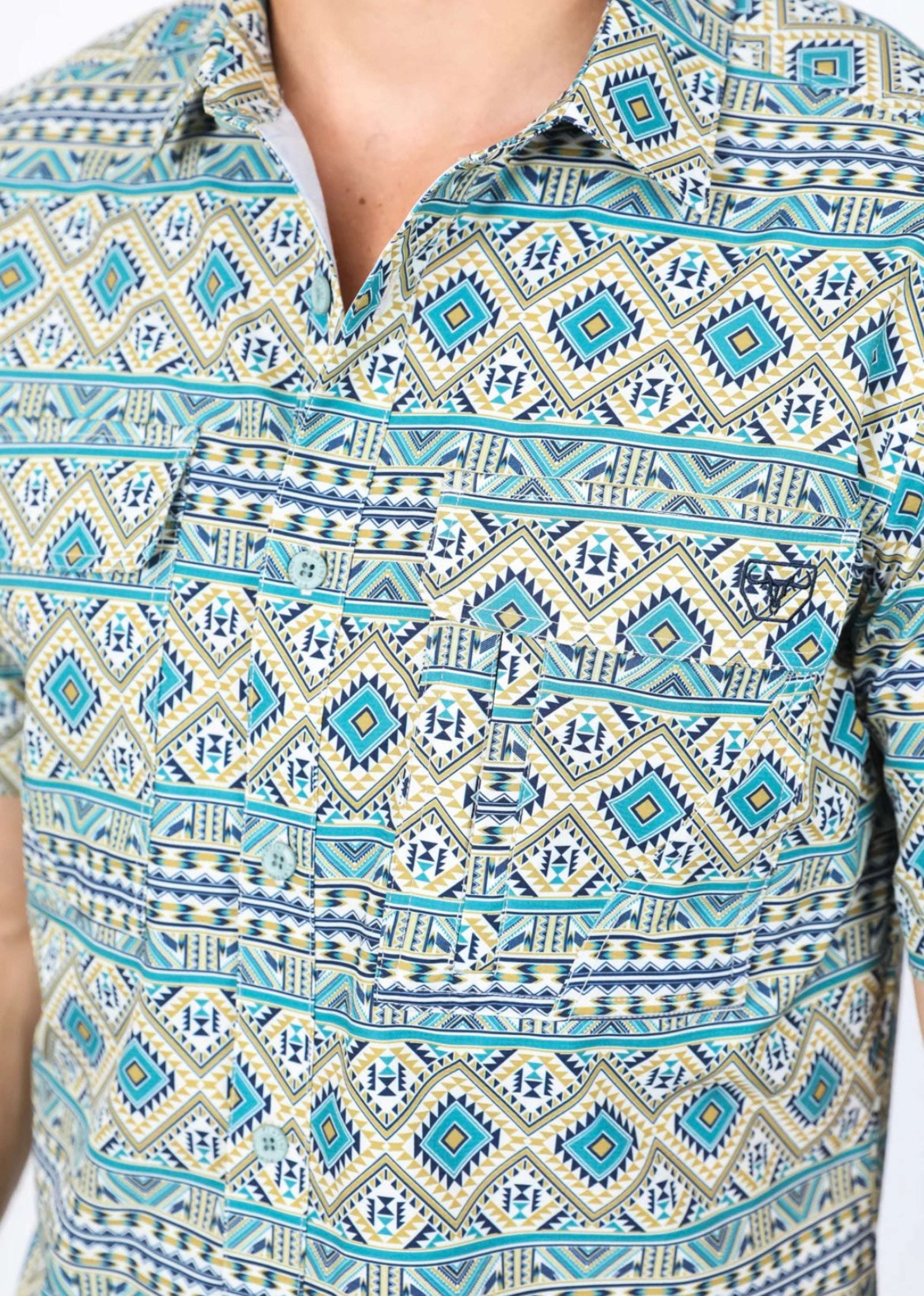 Platini Mens Performance Classic Fit Western Short Sleeve Aztec Print Beige Shirt - 0471 Ropa