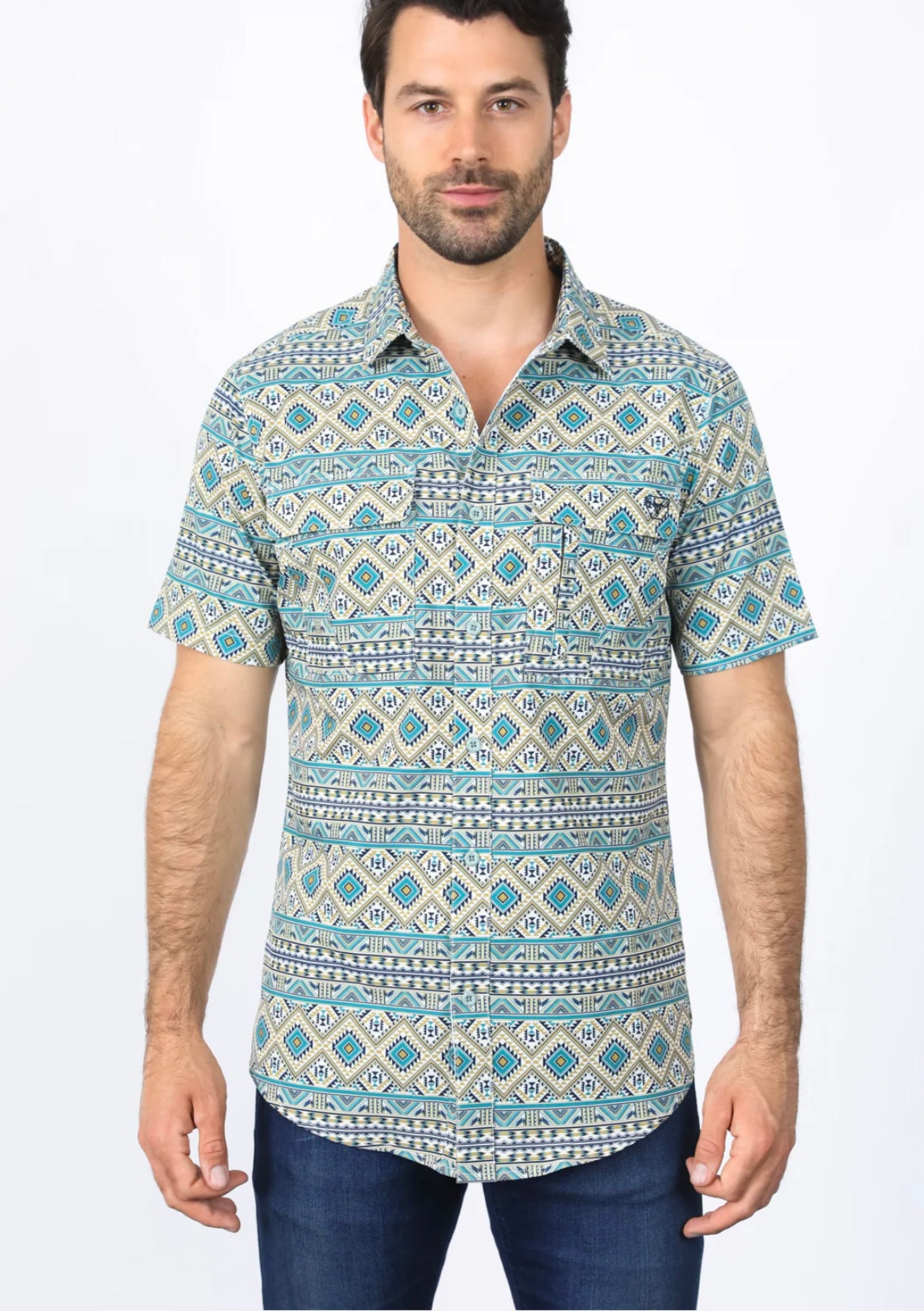 Platini Mens Performance Classic Fit Western Short Sleeve Aztec Print Beige Shirt - 0471 Ropa