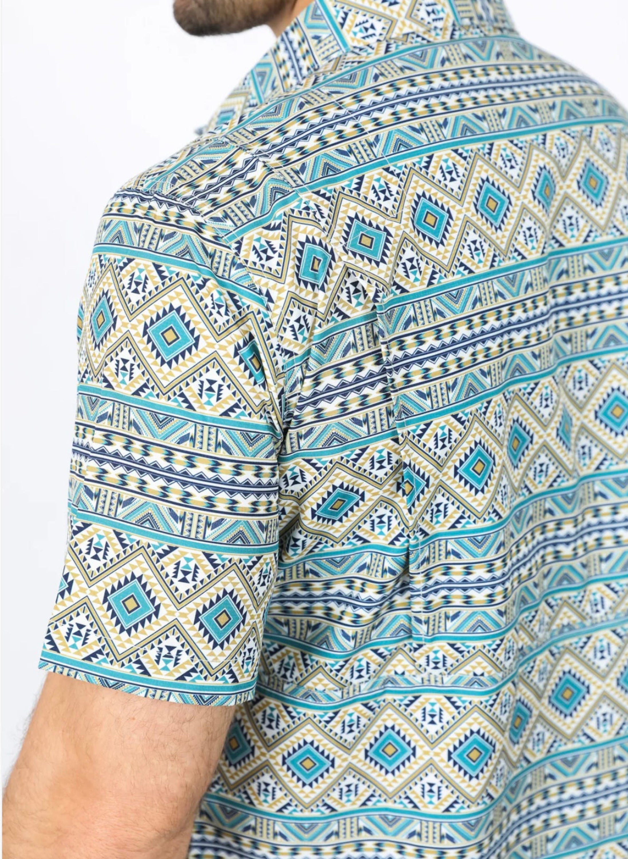 Platini Mens Performance Classic Fit Western Short Sleeve Aztec Print Beige Shirt - 0471 Ropa