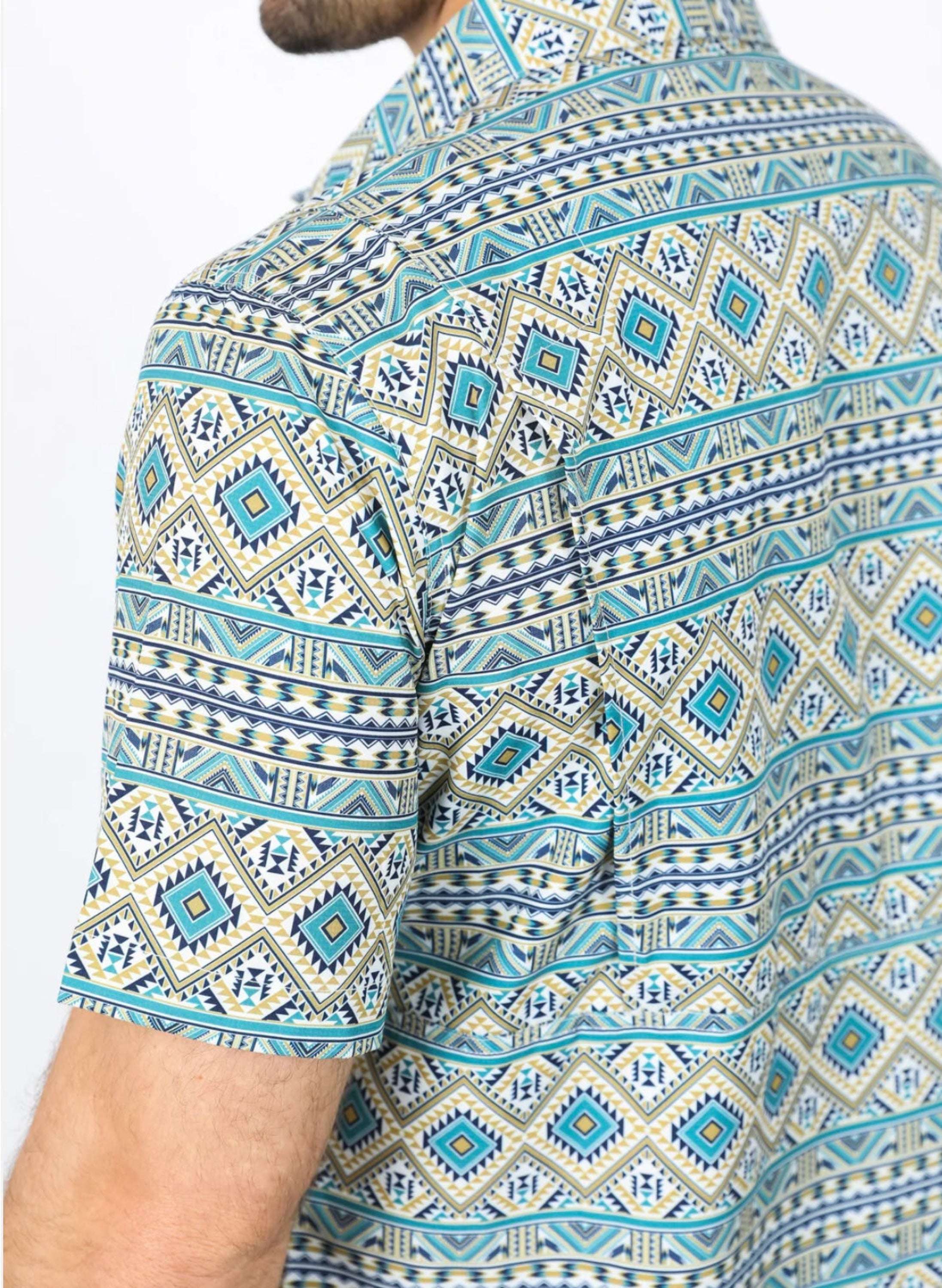 Platini Mens Performance Classic Fit Western Short Sleeve Aztec Print Beige Shirt - 0471 Ropa