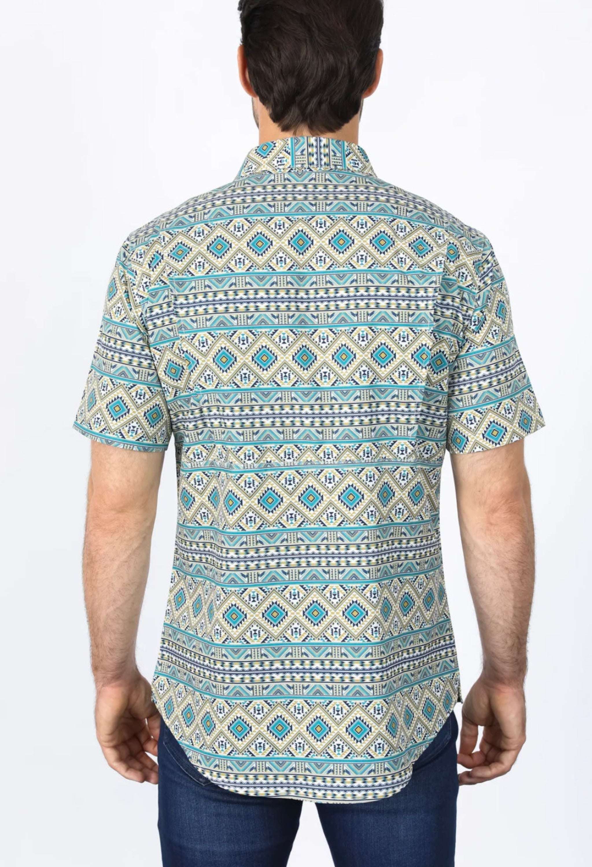 Platini Mens Performance Classic Fit Western Short Sleeve Aztec Print Beige Shirt - 0471 Ropa