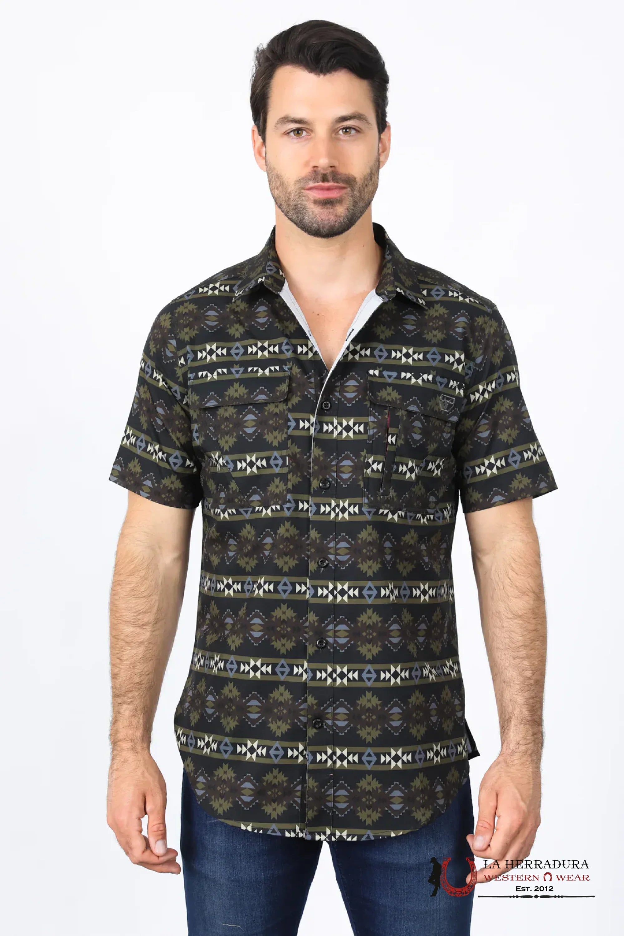 Platini Mens Performance Classic Fit Western Short Sleeve Aztec Print Black Shirt - 10472 ROPA HOMBRES