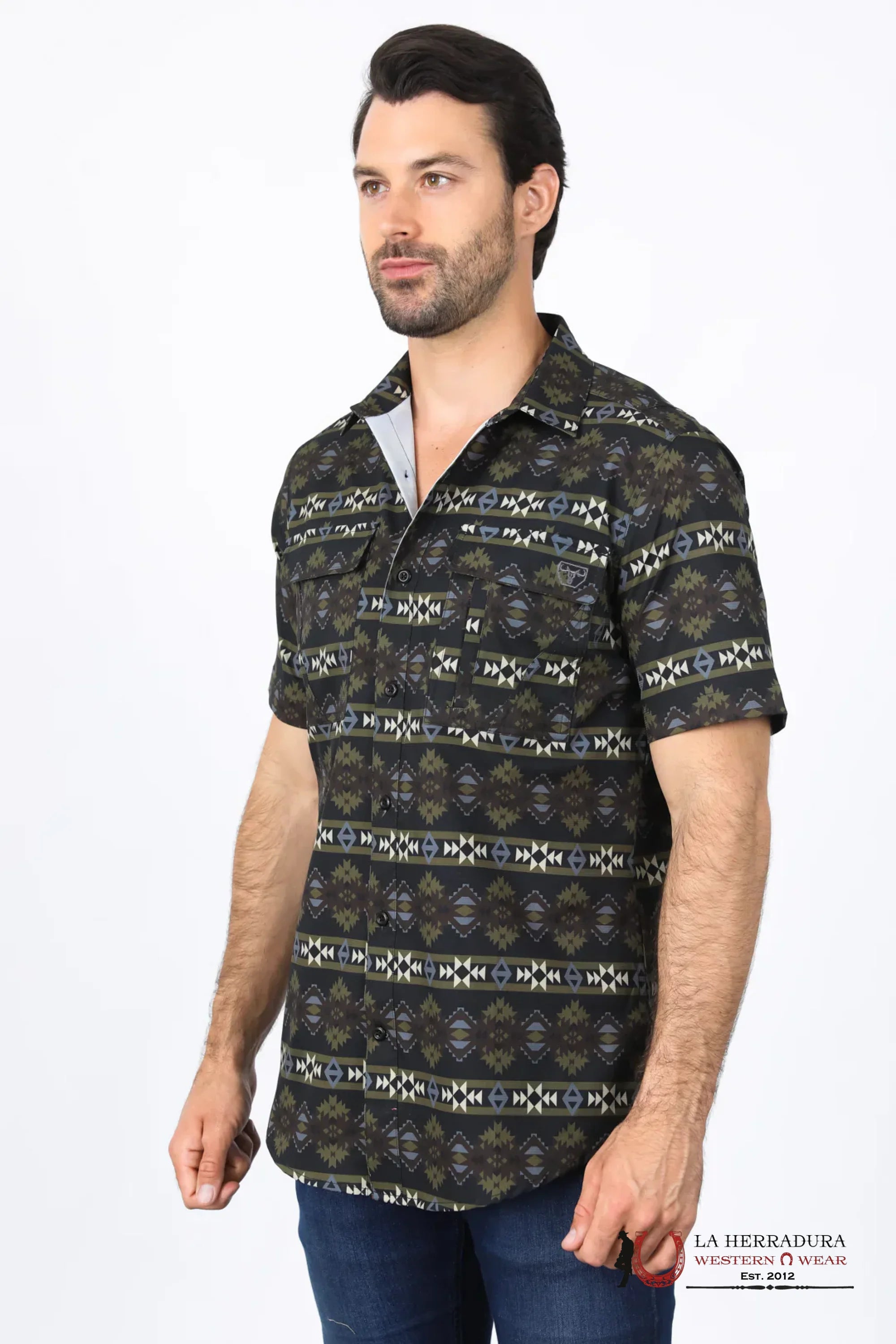 Platini Mens Performance Classic Fit Western Short Sleeve Aztec Print Black Shirt - 10472 ROPA HOMBRES