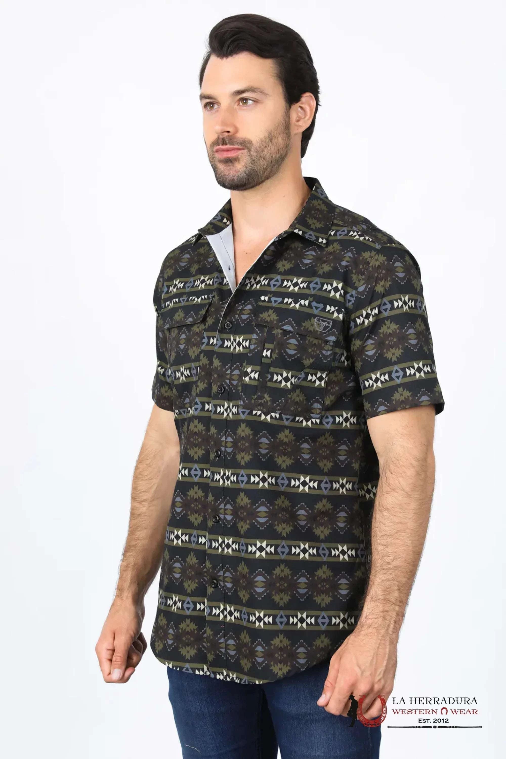 Platini Mens Performance Classic Fit Western Short Sleeve Aztec Print Black Shirt - 10472 ROPA HOMBRES