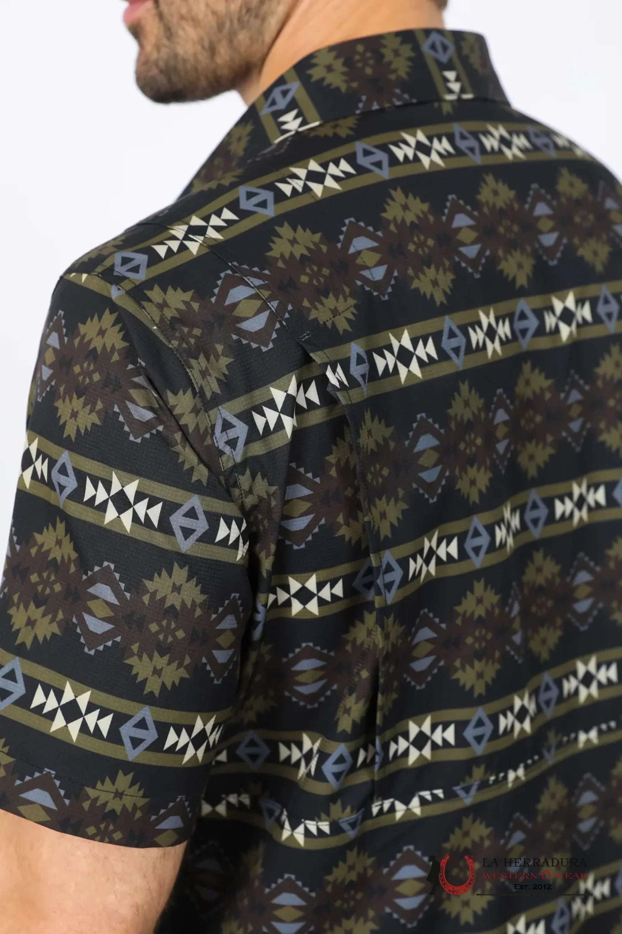 Platini Mens Performance Classic Fit Western Short Sleeve Aztec Print Black Shirt - 10472 ROPA HOMBRES