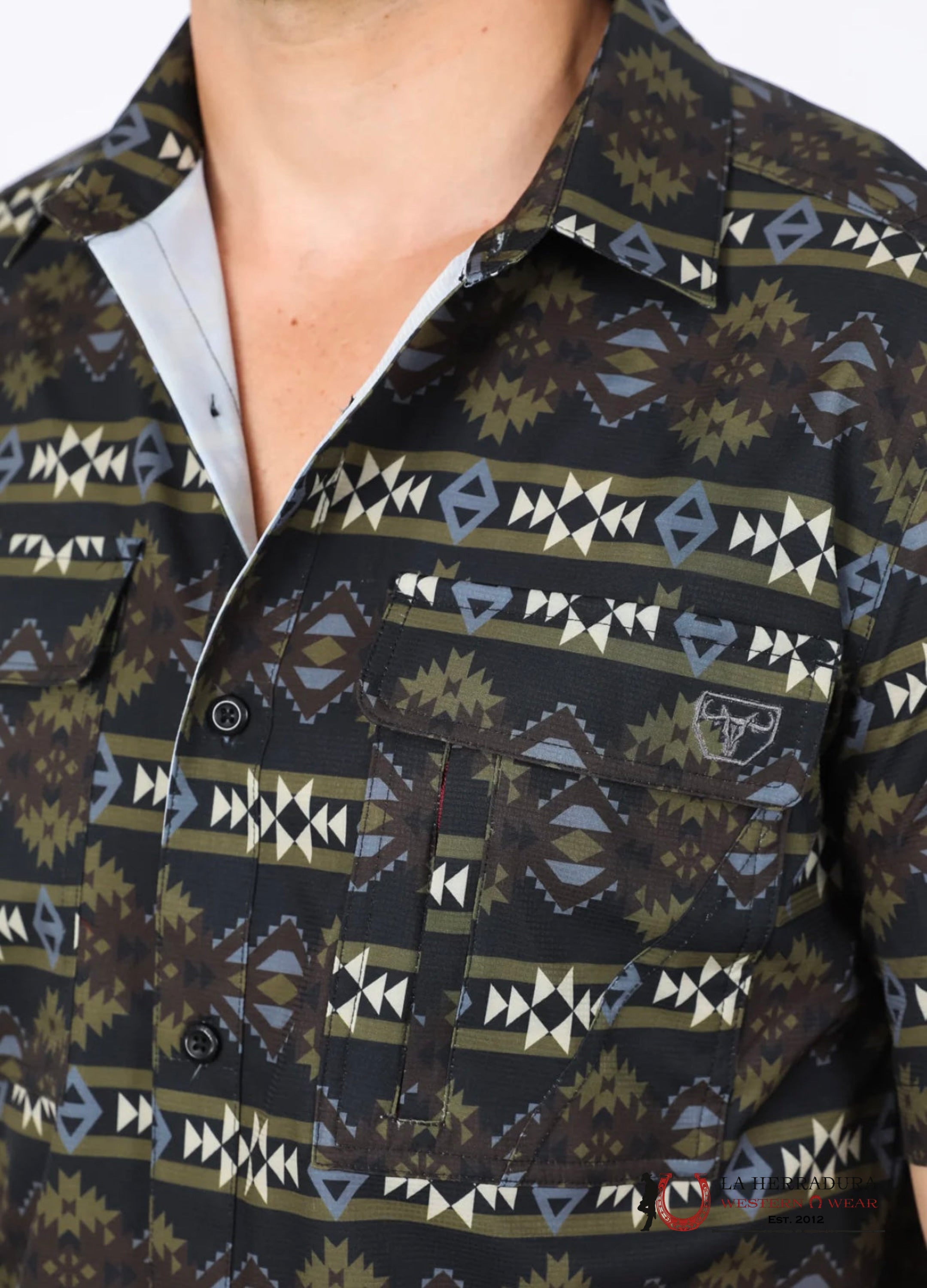 Platini Mens Performance Classic Fit Western Short Sleeve Aztec Print Black Shirt - 0472 Ropa