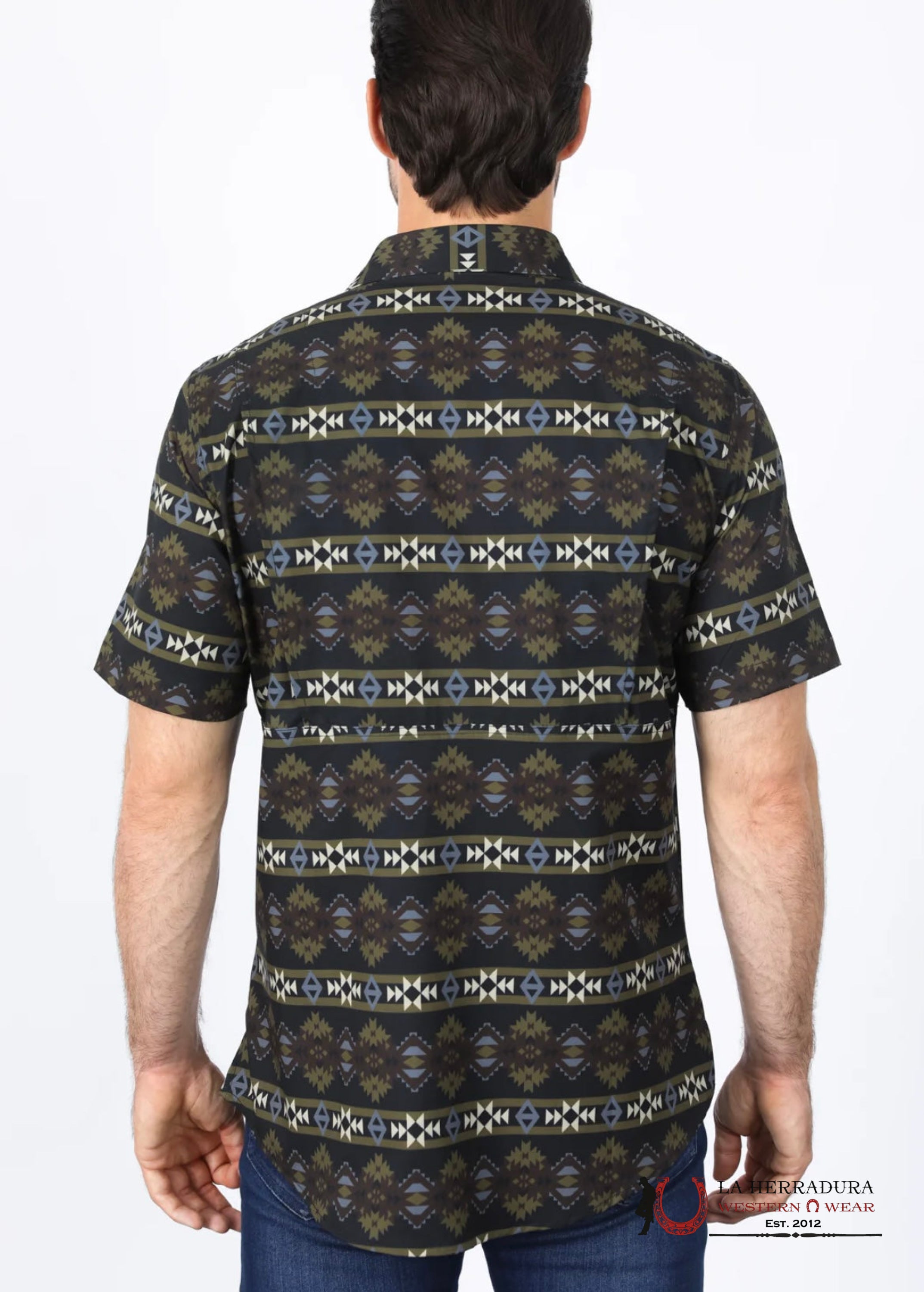 Platini Mens Performance Classic Fit Western Short Sleeve Aztec Print Black Shirt - 0472 Ropa