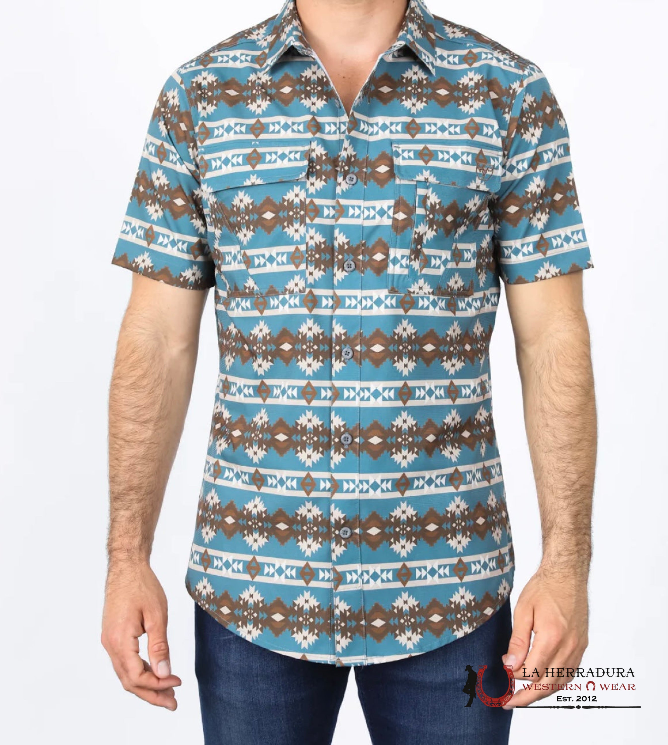 Platini Mens Performance Classic Fit Western Short Sleeve Aztec Print Teal Shirt Ropa Hombres