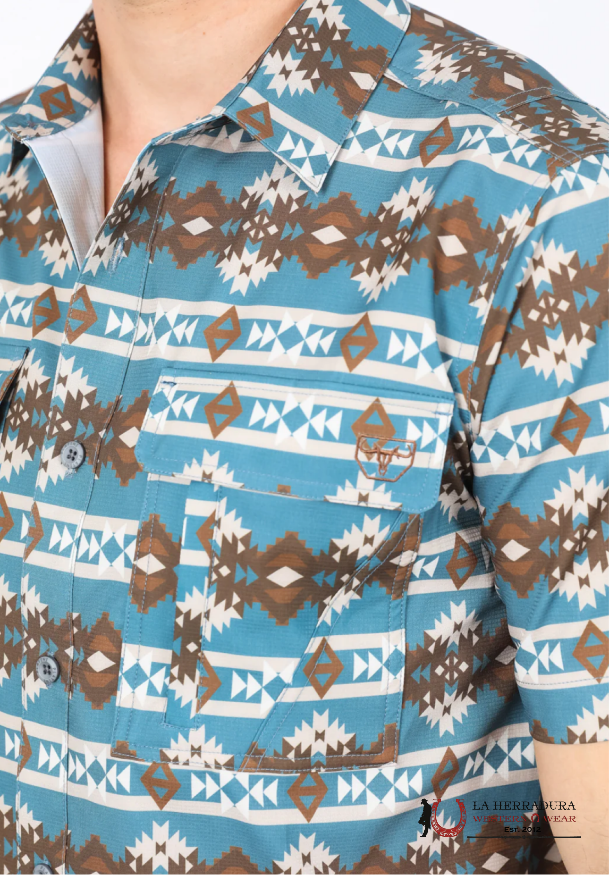 Platini Mens Performance Classic Fit Western Short Sleeve Aztec Print Teal Shirt Ropa Hombres