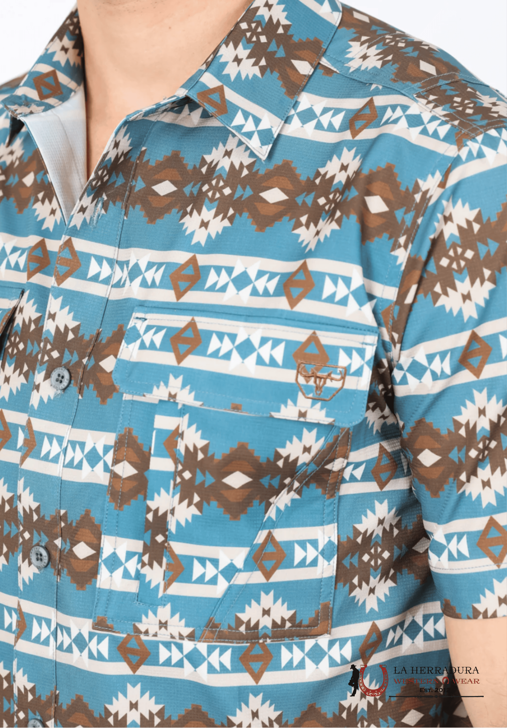 Platini Mens Performance Classic Fit Western Short Sleeve Aztec Print Teal Shirt Ropa Hombres