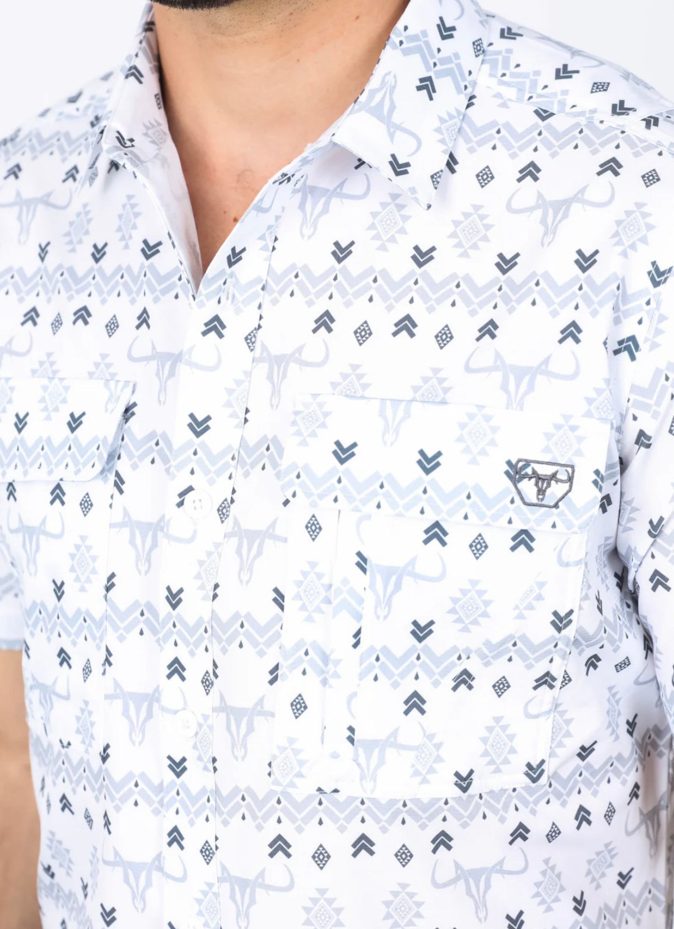 Platini Mens Performance Classic Fit Western White Short Sleeve Aztec Print Shirt - 0460 Ropa