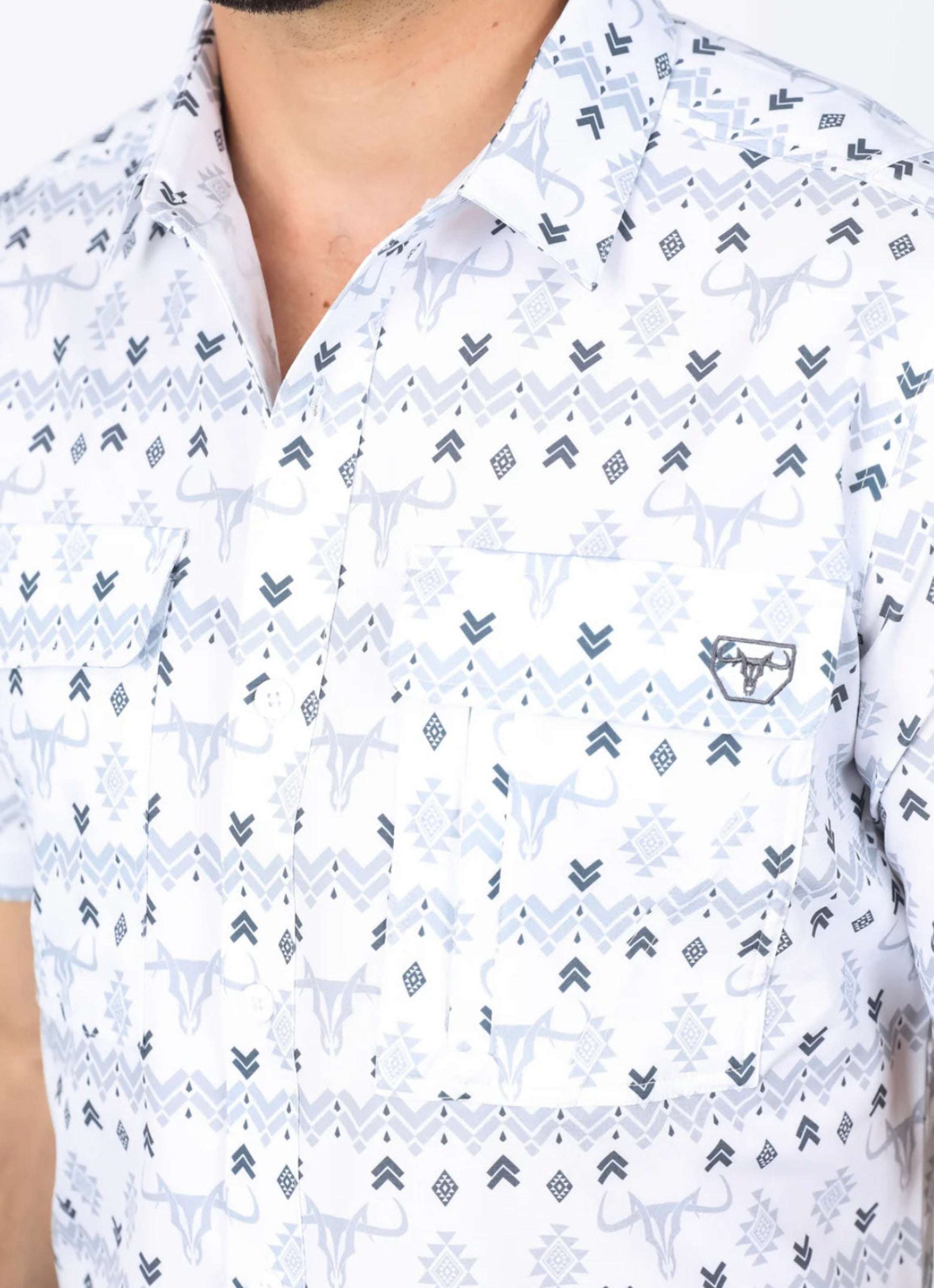 Platini Mens Performance Classic Fit Western White Short Sleeve Aztec Print Shirt - 0460 Ropa
