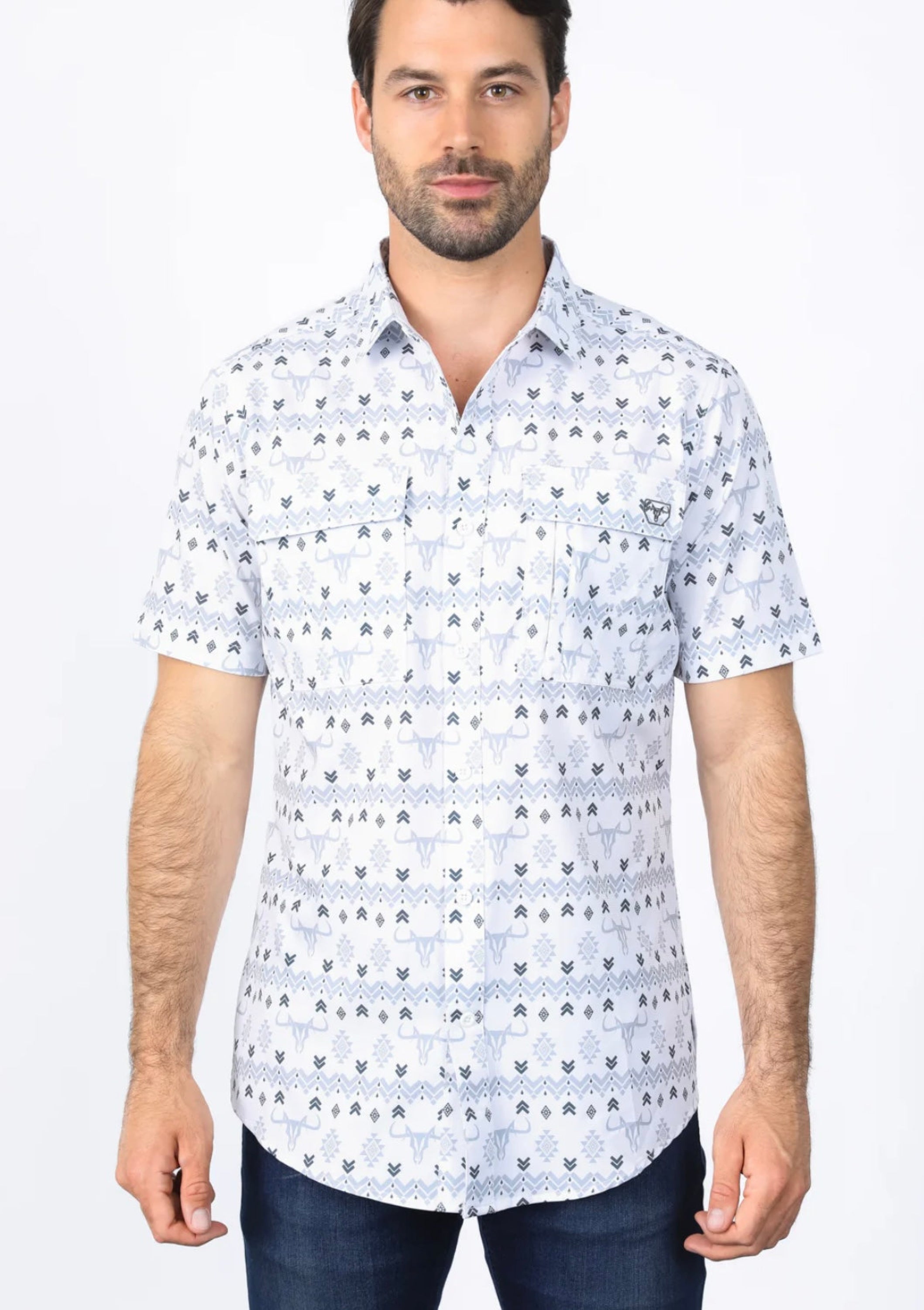 Platini Mens Performance Classic Fit Western White Short Sleeve Aztec Print Shirt - 0460 Ropa