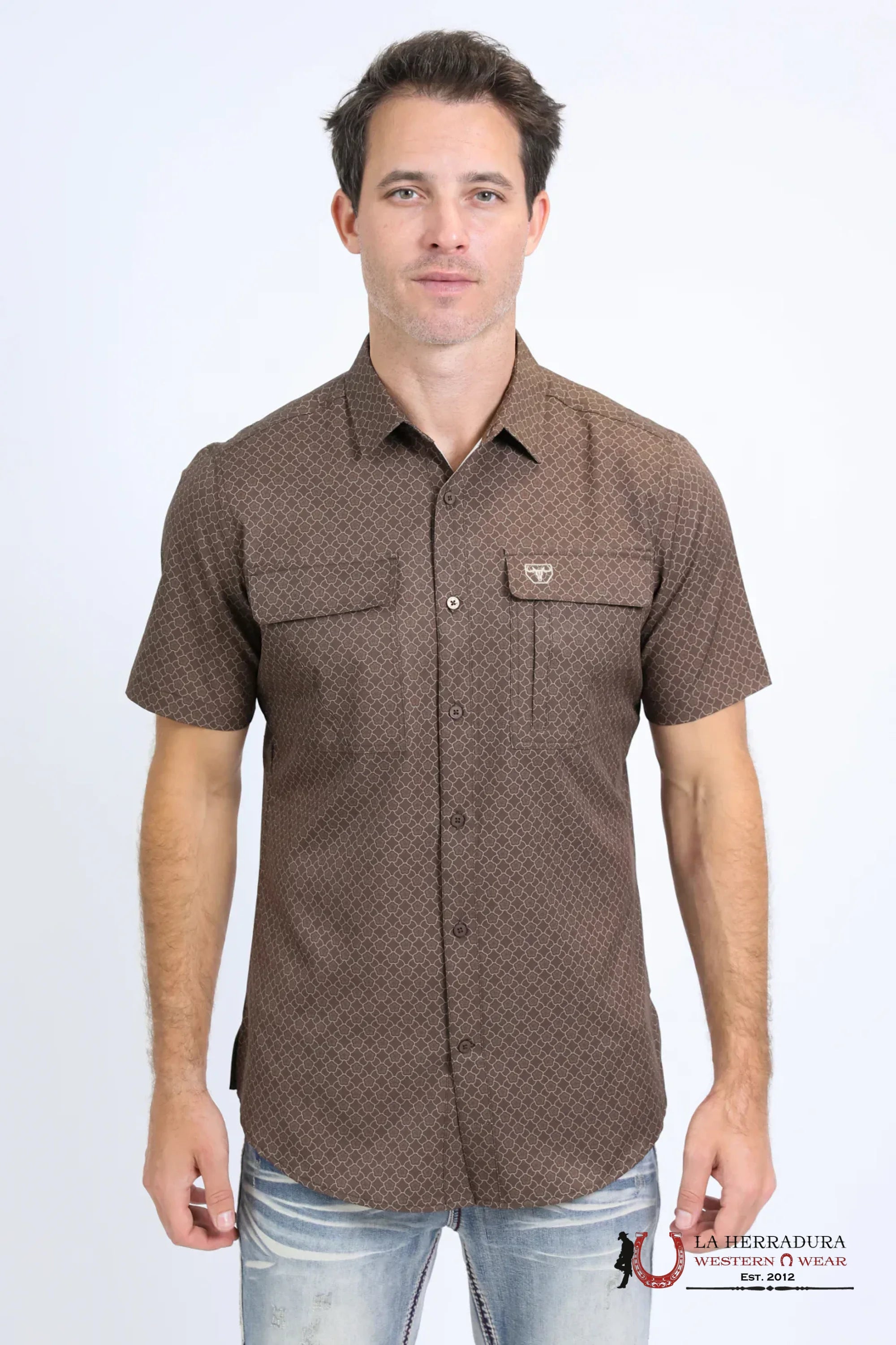 Platini Mens Performance Western Short Sleeve Aztec Print Brown Shirt - 10662 ROPA HOMBRES