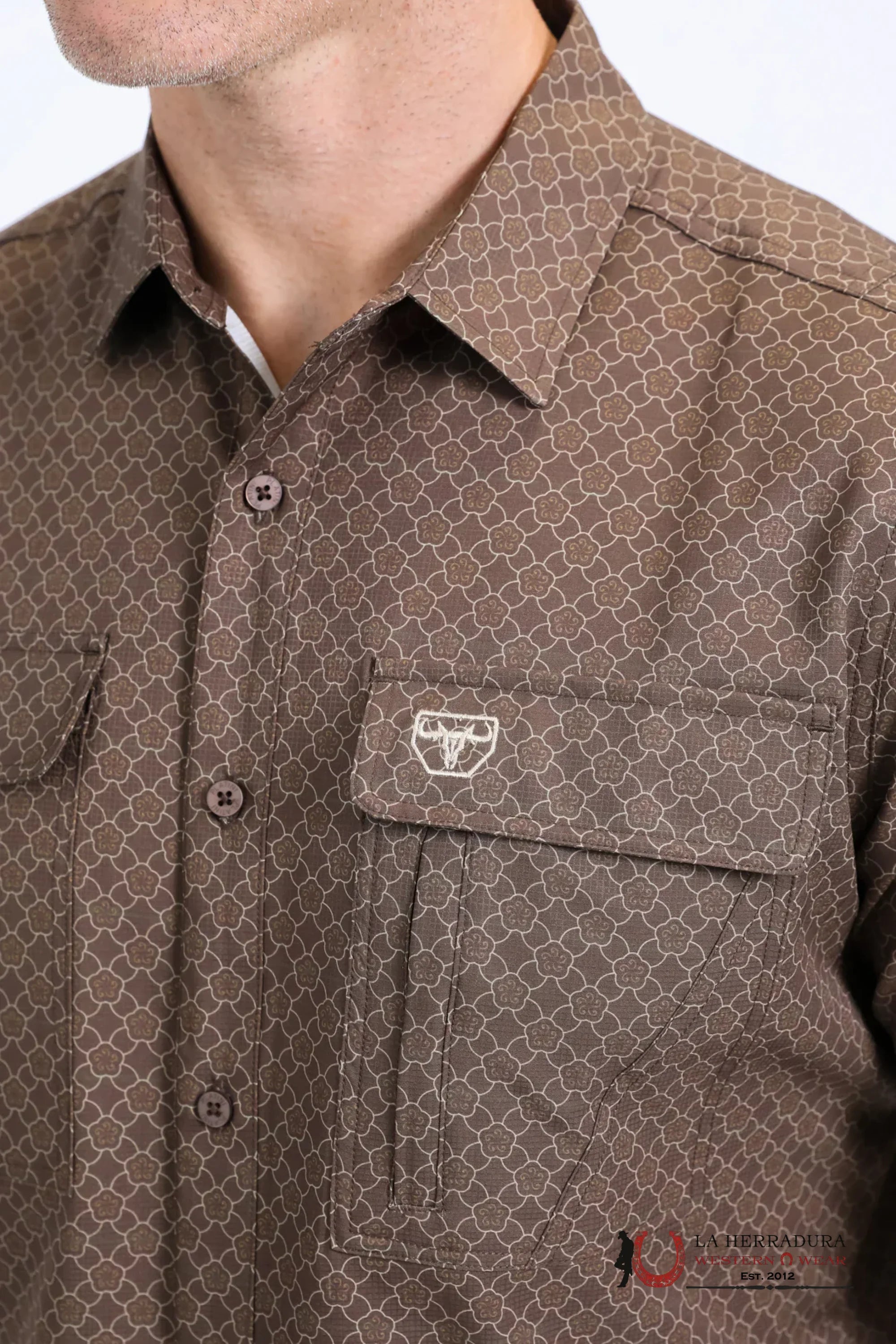 Platini Mens Performance Western Short Sleeve Aztec Print Brown Shirt - 10662 ROPA HOMBRES