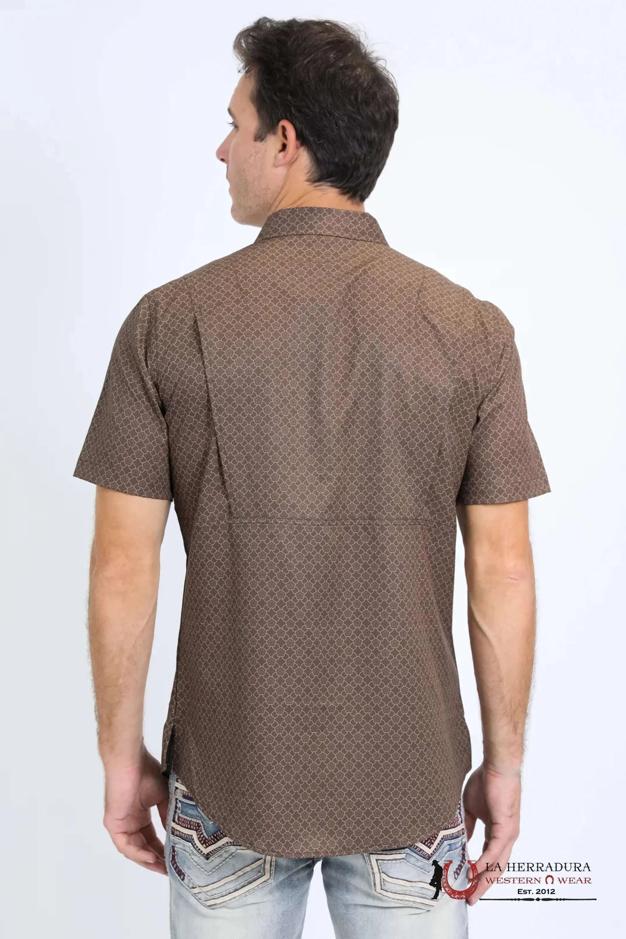 Platini Mens Performance Western Short Sleeve Aztec Print Brown Shirt - 10662 ROPA HOMBRES