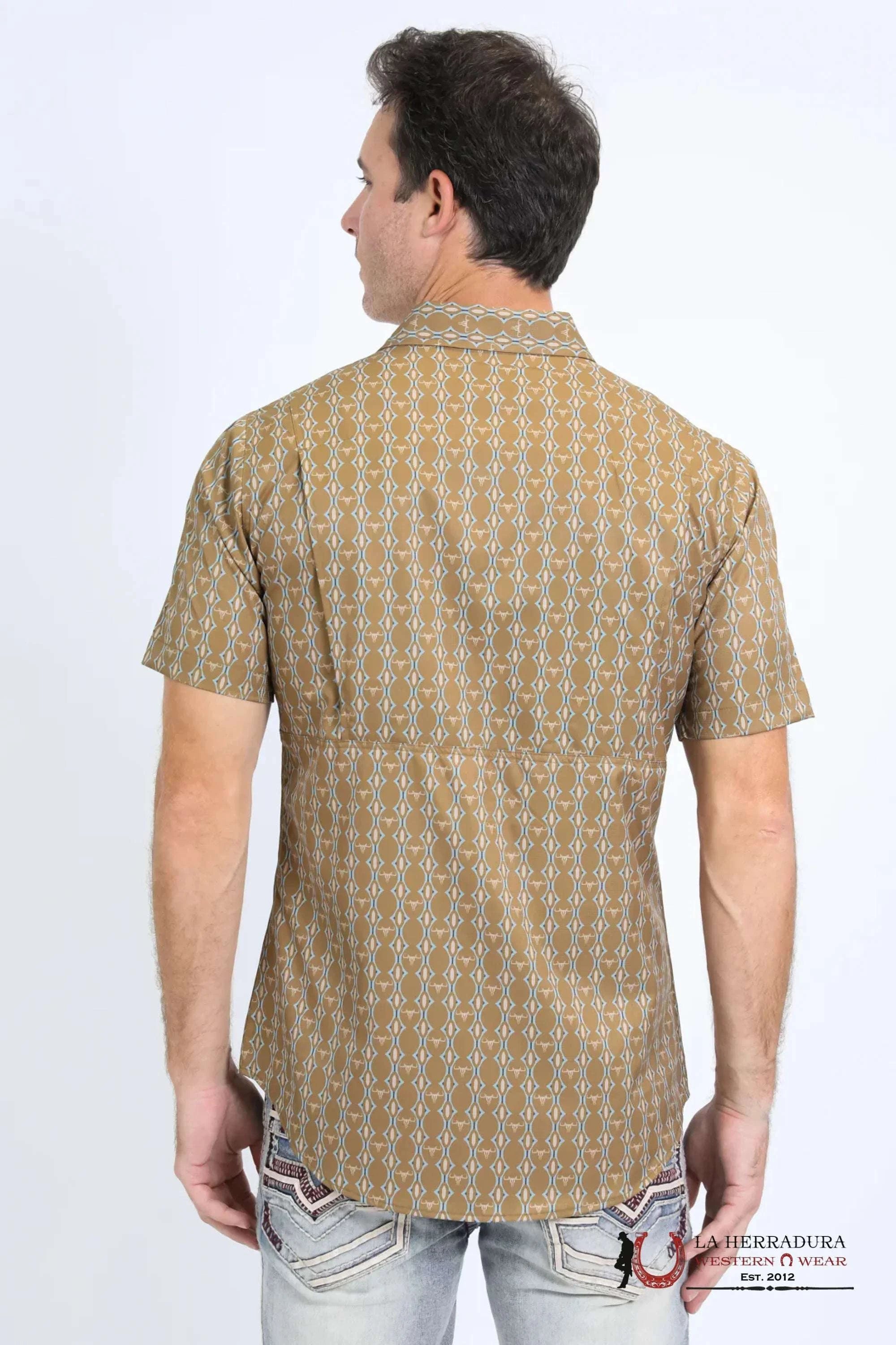 Platini Mens Performance Western Short Sleeve Aztec Print Camel Shirt - 10645 ROPA HOMBRES