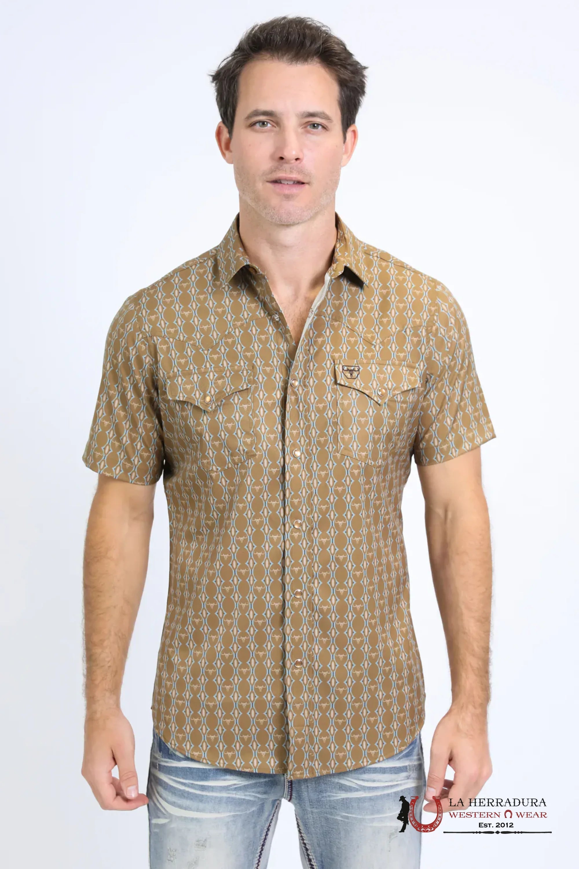 Platini Mens Performance Western Short Sleeve Aztec Print Camel Shirt - 10645 ROPA HOMBRES