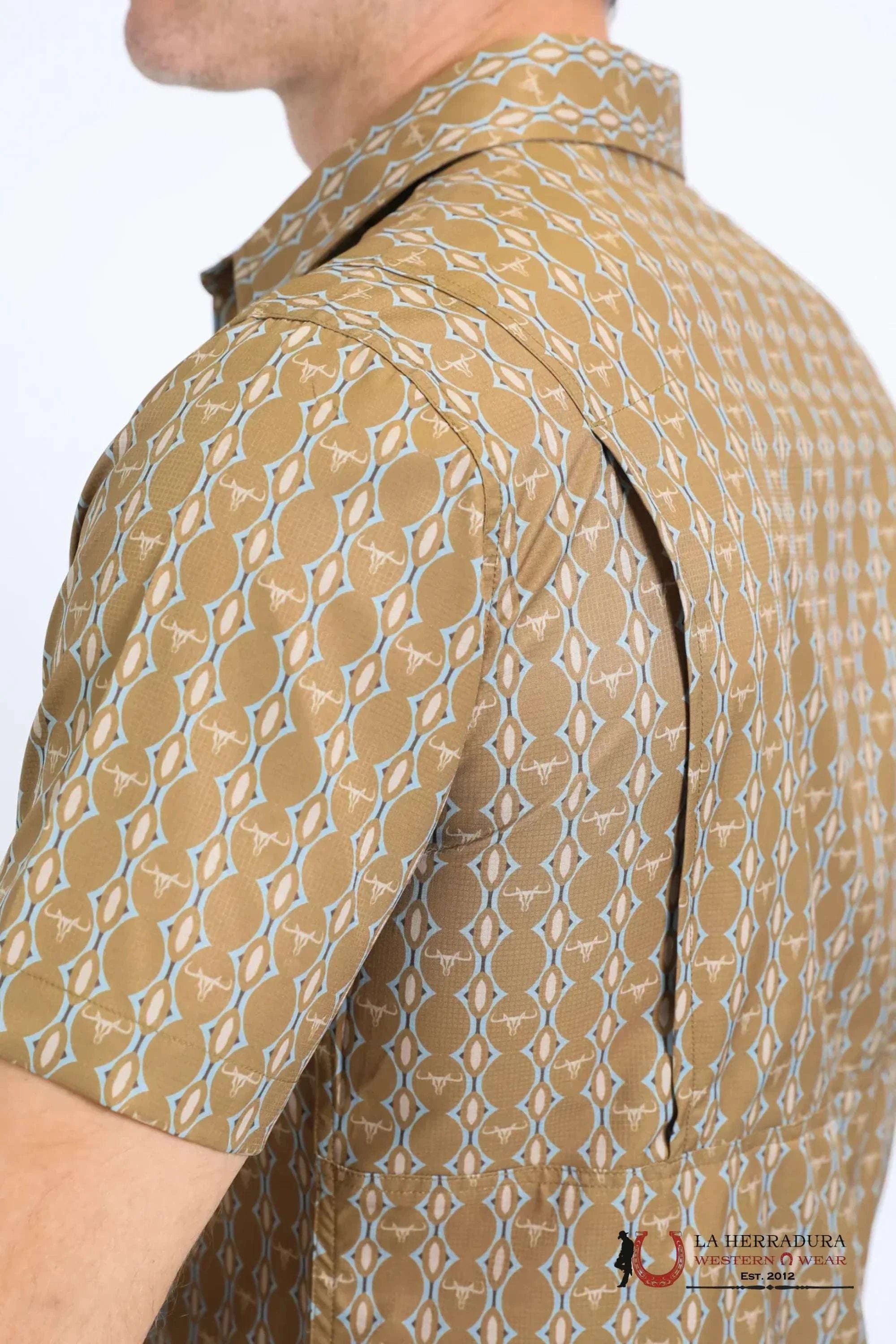 Platini Mens Performance Western Short Sleeve Aztec Print Camel Shirt - 10645 ROPA HOMBRES