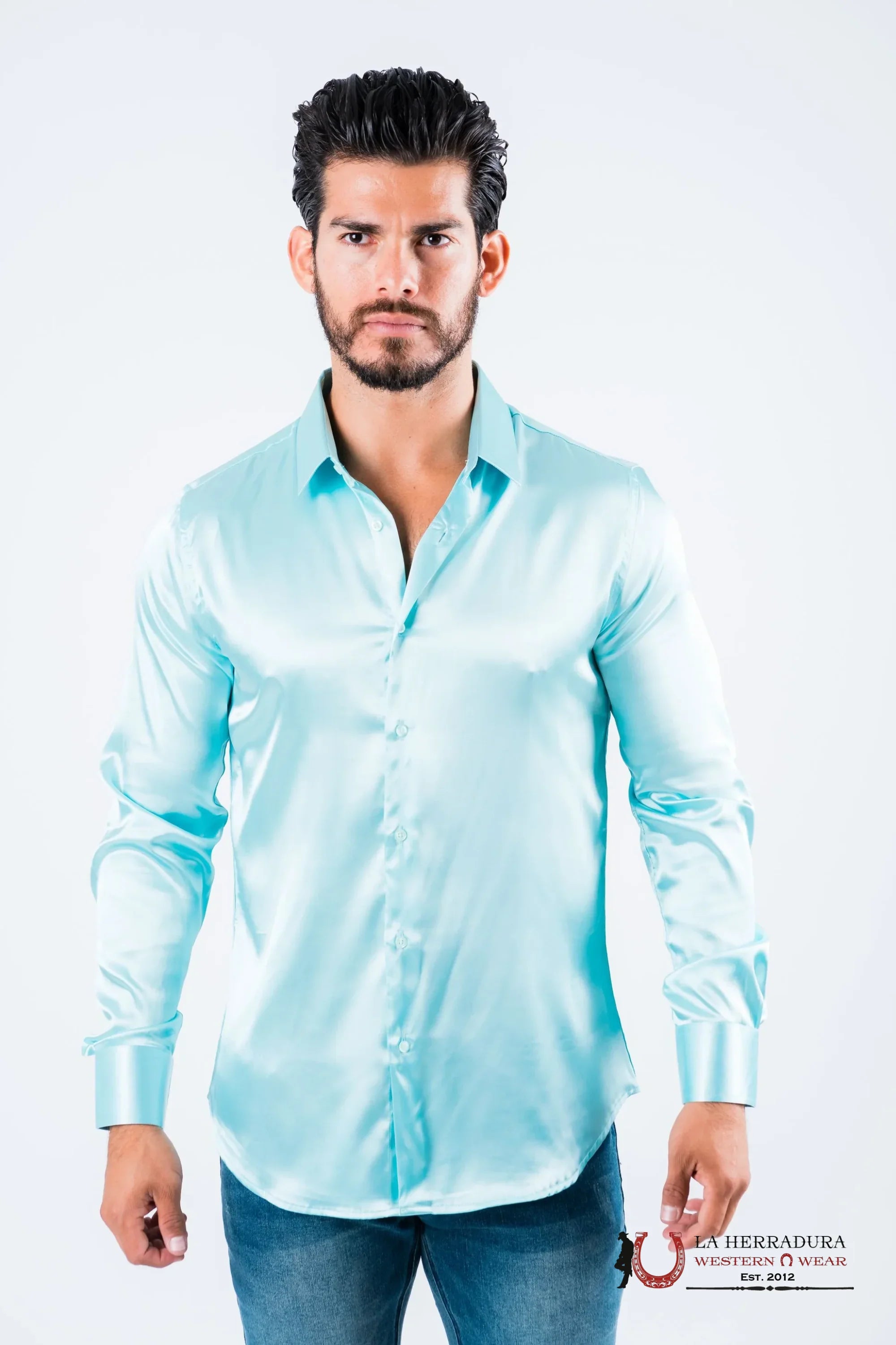 Platini Mens Satin Aqua Dress Shirt SJL8583 ROPA HOMBRES