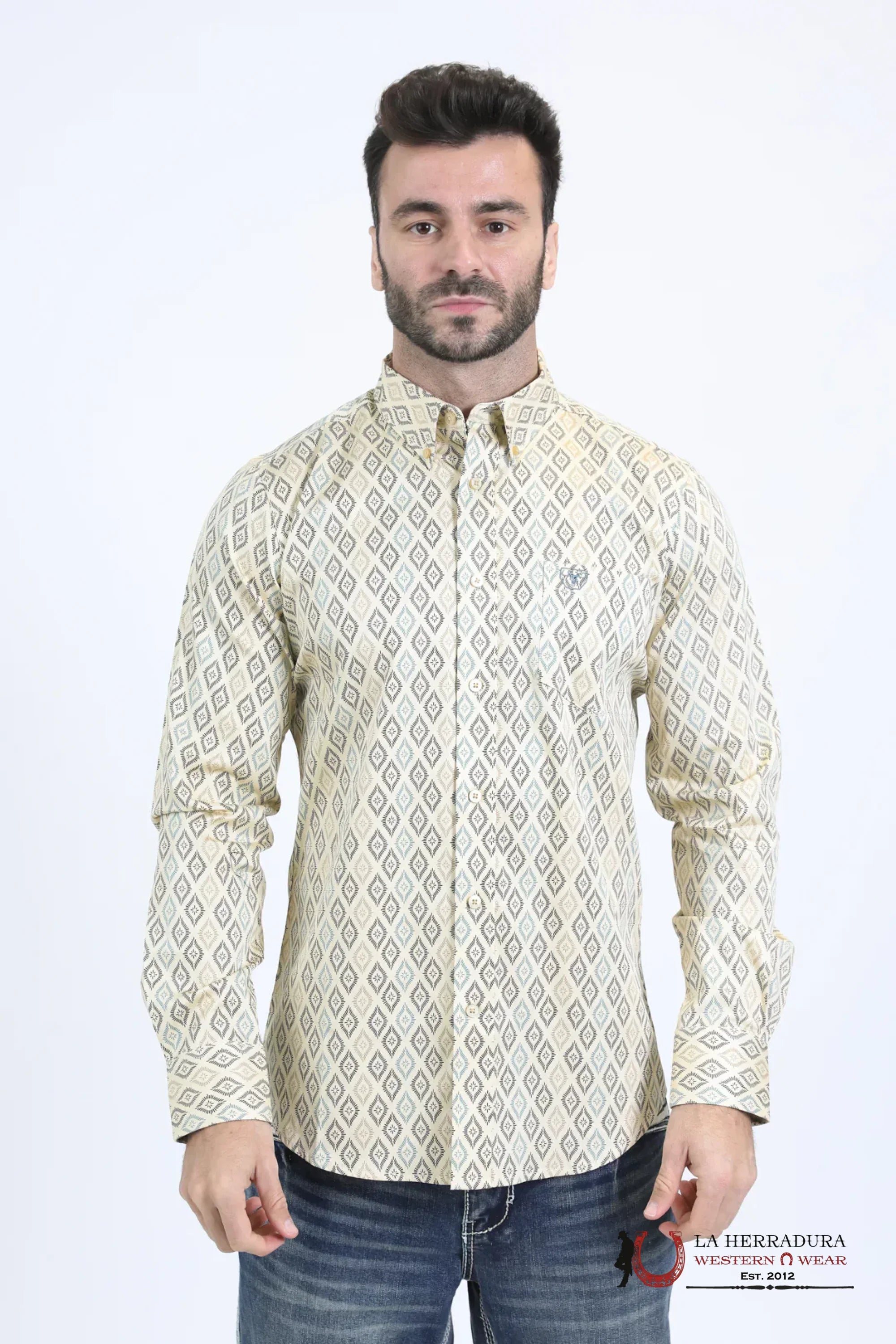 Platini Mens Satin Cotton Modern Fit Navy Long Sleeve Beige Shirt - 10755 ROPA HOMBRES