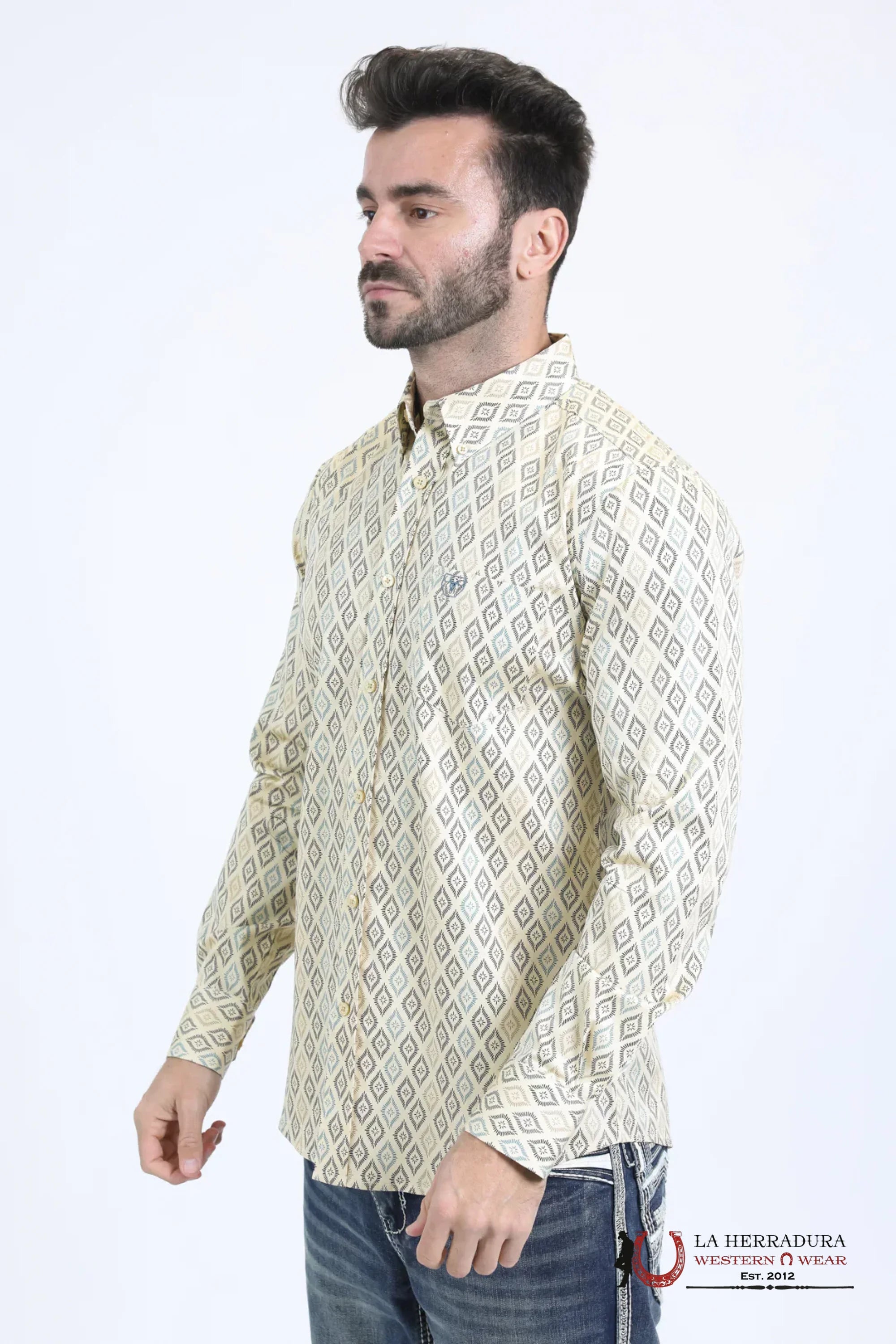 Platini Mens Satin Cotton Modern Fit Navy Long Sleeve Beige Shirt - 10755 ROPA HOMBRES