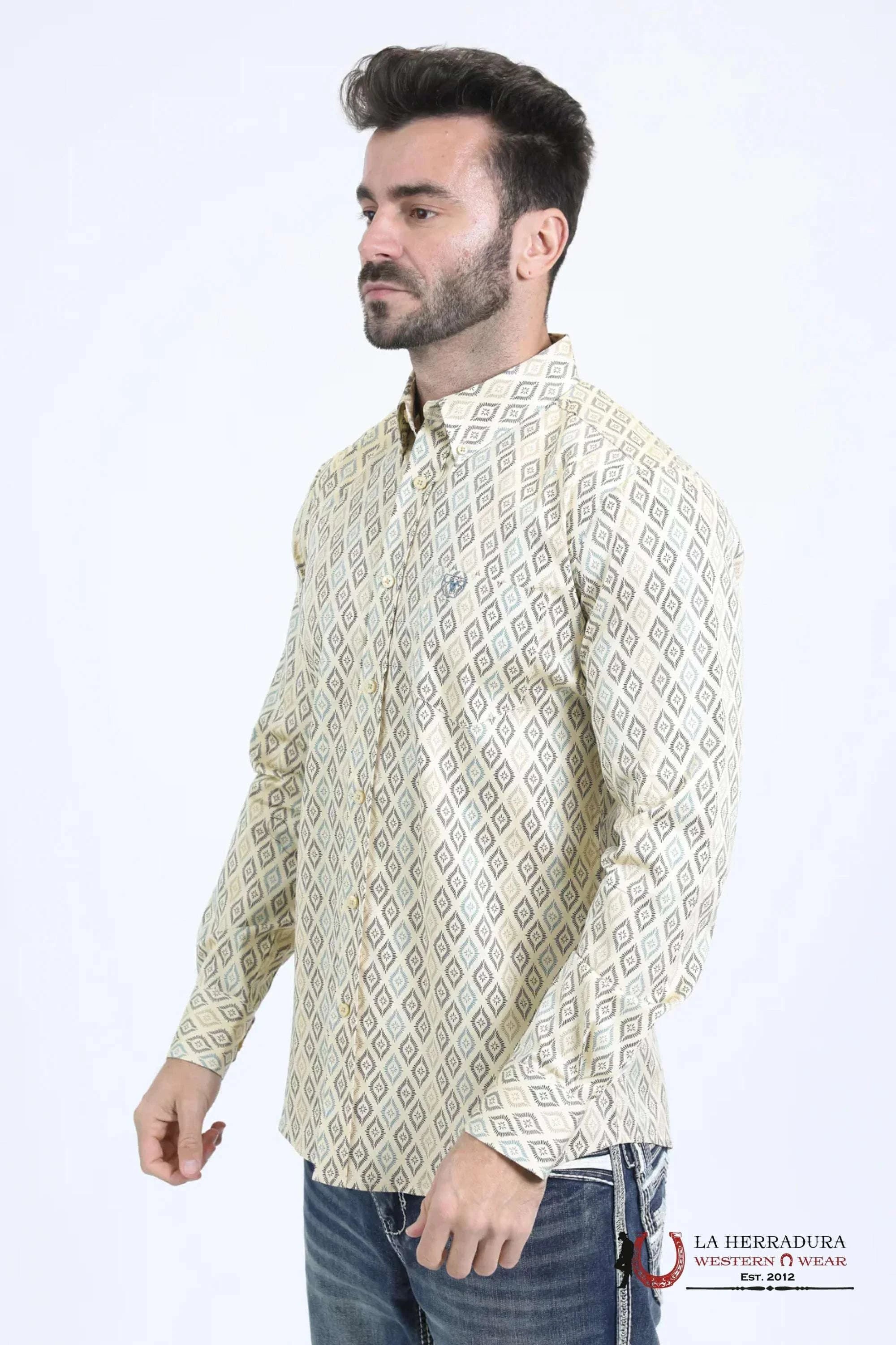 Platini Mens Satin Cotton Modern Fit Navy Long Sleeve Beige Shirt - 10755 ROPA HOMBRES