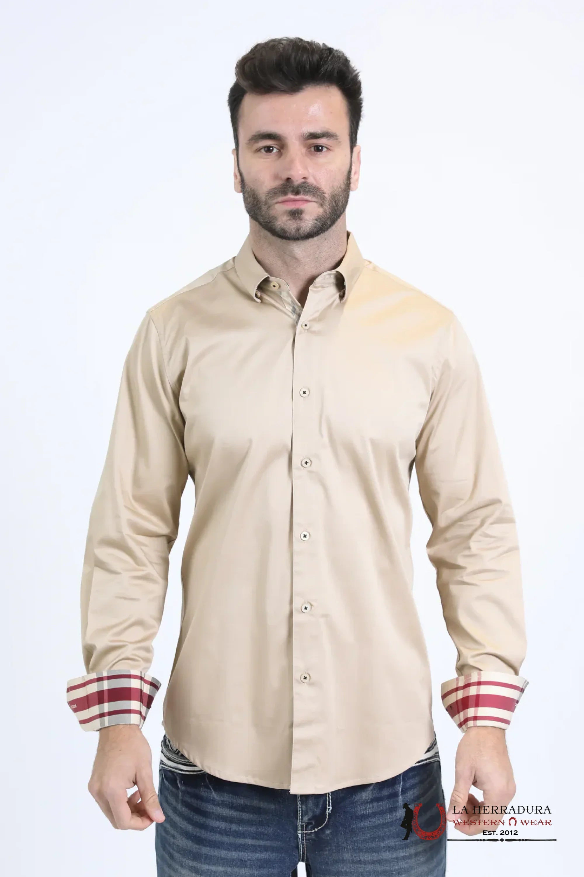 Platini Mens Satin Cotton/Spandex Long Sleeve Beige Shirt - 10850 ROPA HOMBRES