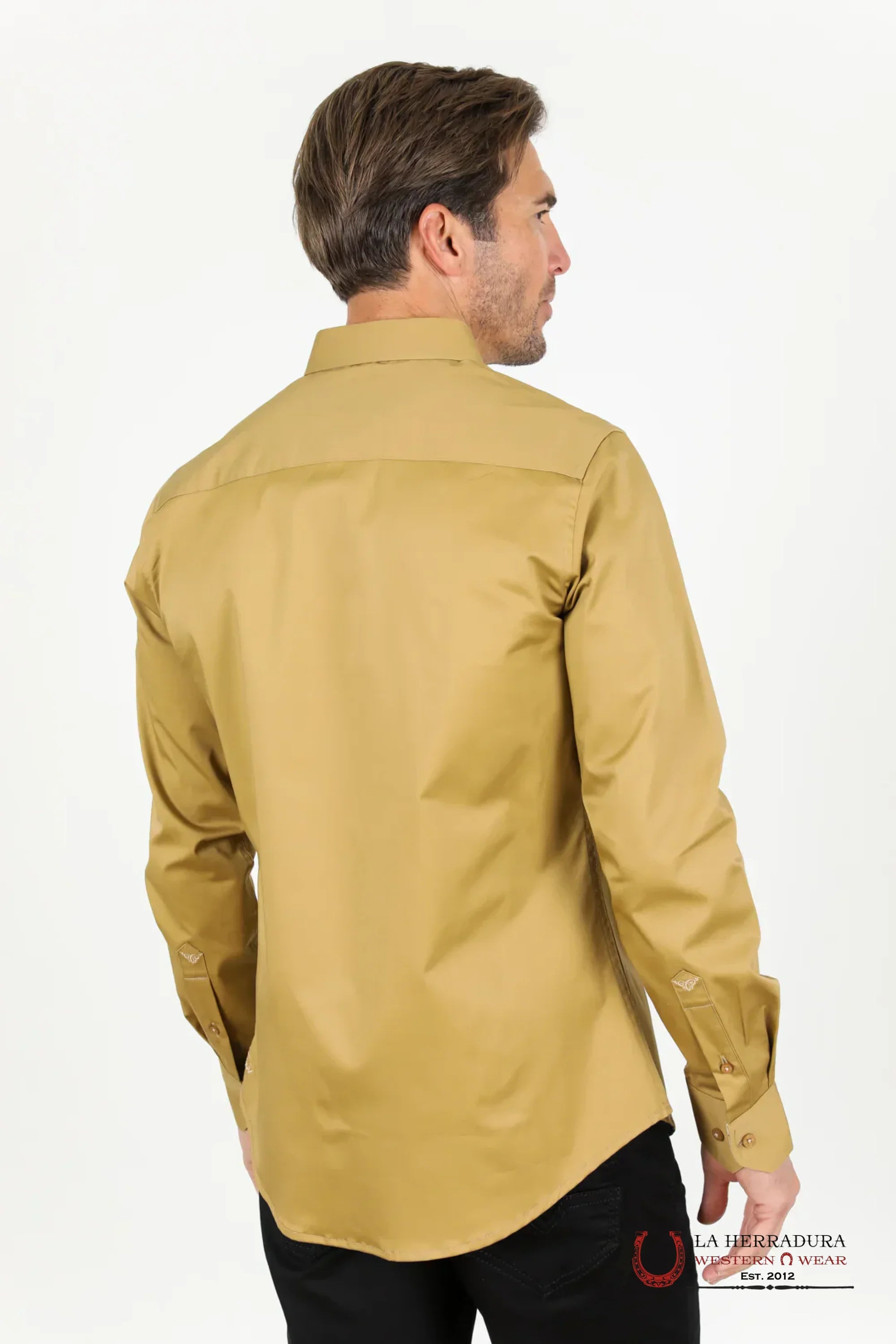 Platini Mens Satin Cotton/Spandex Long Sleeve Khaki Shirt - TKL9243 ROPA HOMBRES
