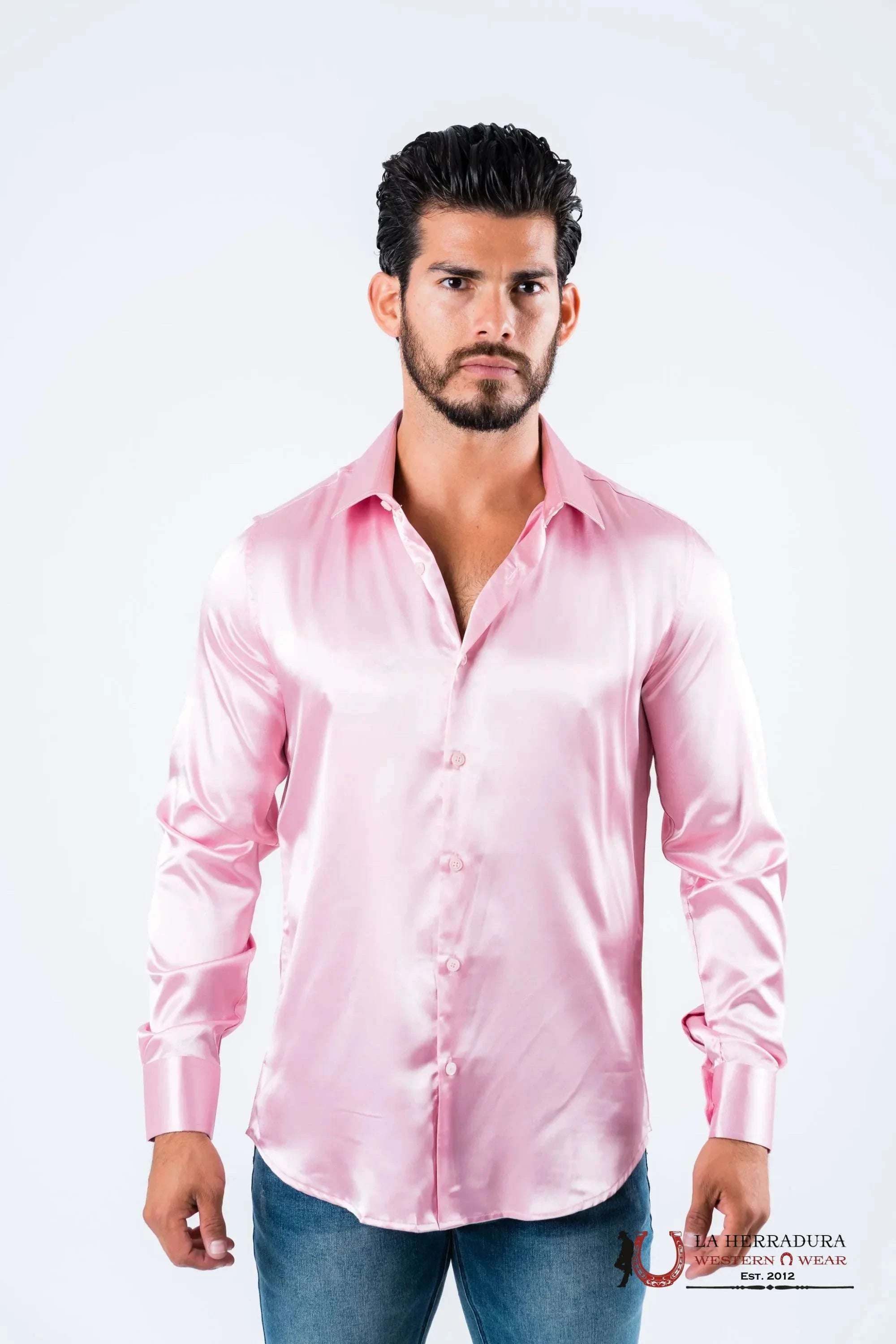 PLATINI MENS SATIN PINK DRESS SHIRT- SJL8582 PLATINI MENS SATIN PINK DRESS SHIRT- SJL8582
